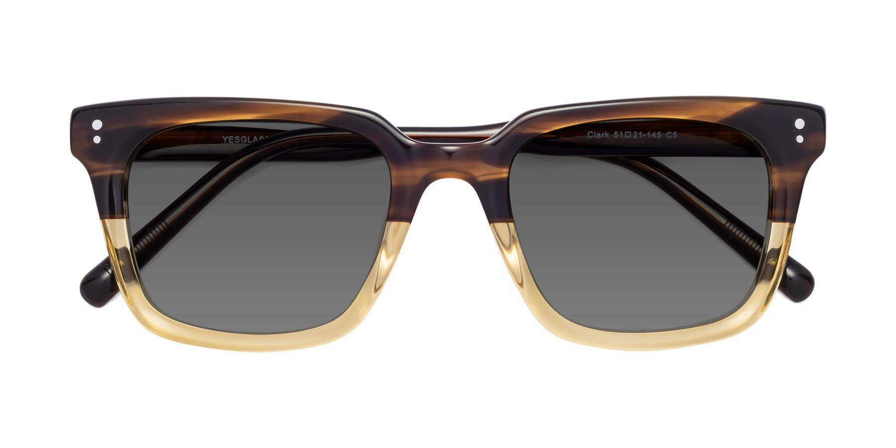 Folded Front of Clark in Brown-Oak with Medium Gray Tinted Lenses