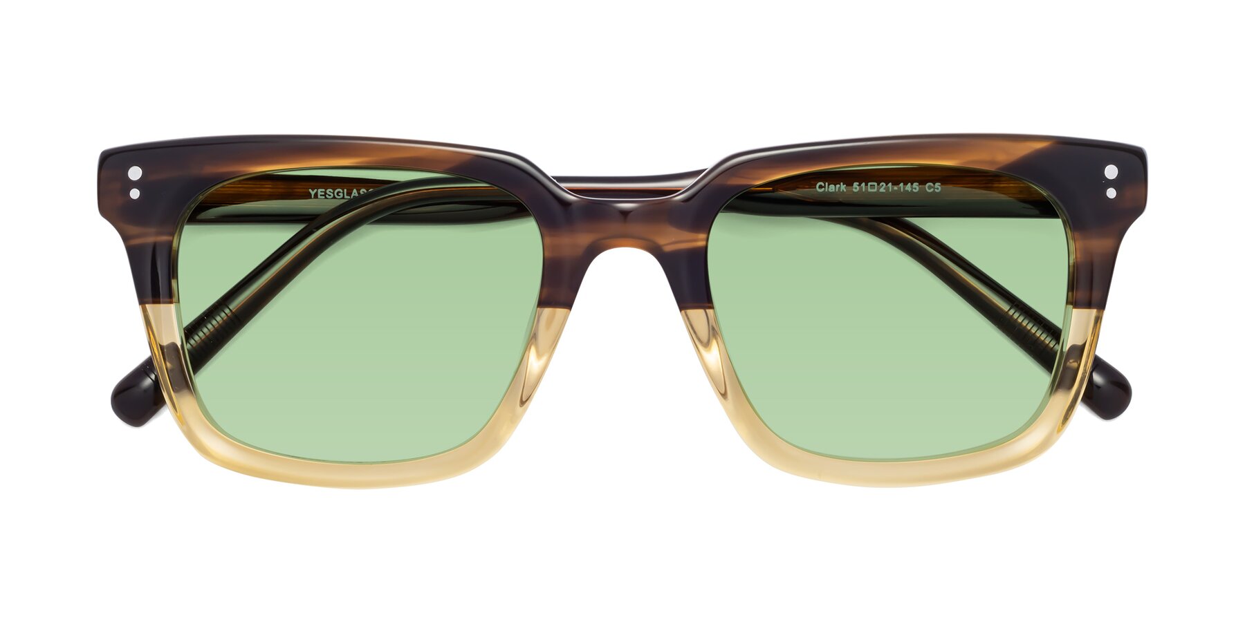 Folded Front of Clark in Brown-Oak with Medium Green Tinted Lenses