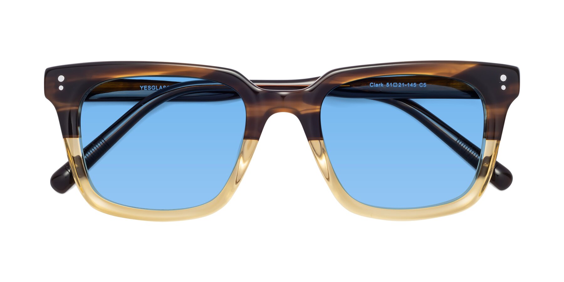 Folded Front of Clark in Brown-Oak with Medium Blue Tinted Lenses