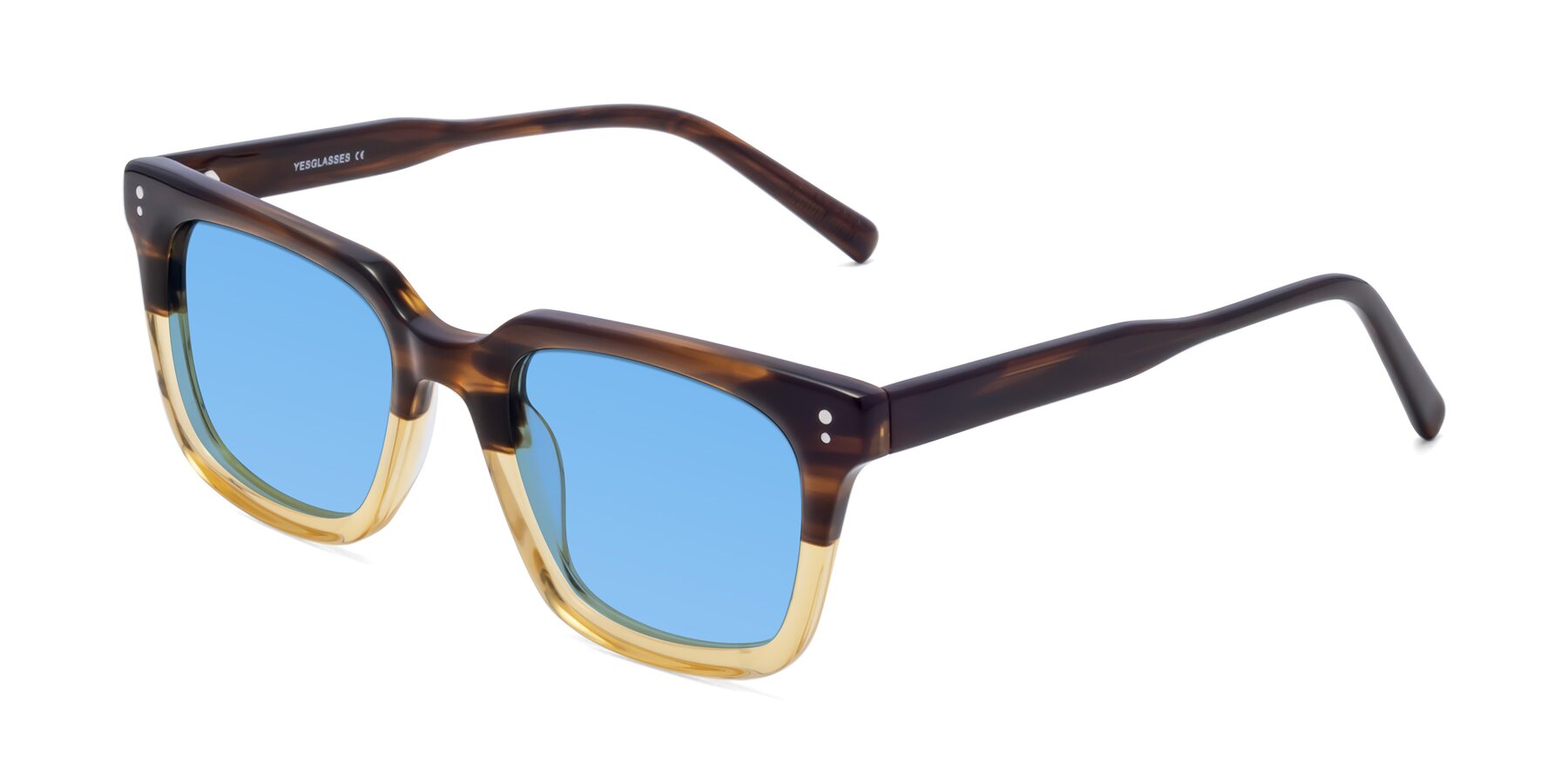 Angle of Clark in Brown-Oak with Medium Blue Tinted Lenses