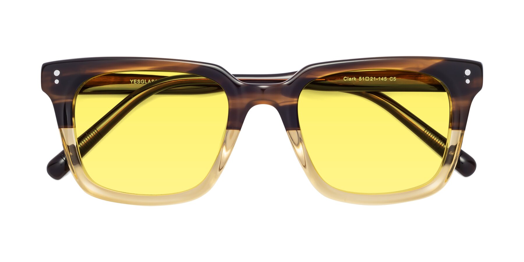 Folded Front of Clark in Brown-Oak with Medium Yellow Tinted Lenses
