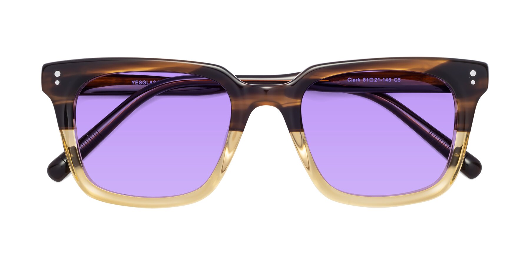 Folded Front of Clark in Brown-Oak with Medium Purple Tinted Lenses