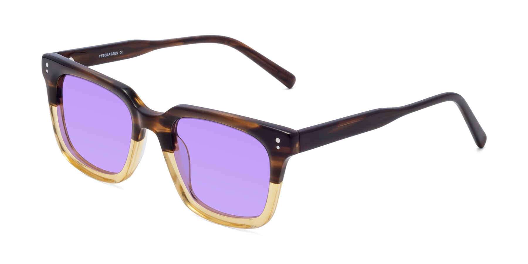 Angle of Clark in Brown-Oak with Medium Purple Tinted Lenses