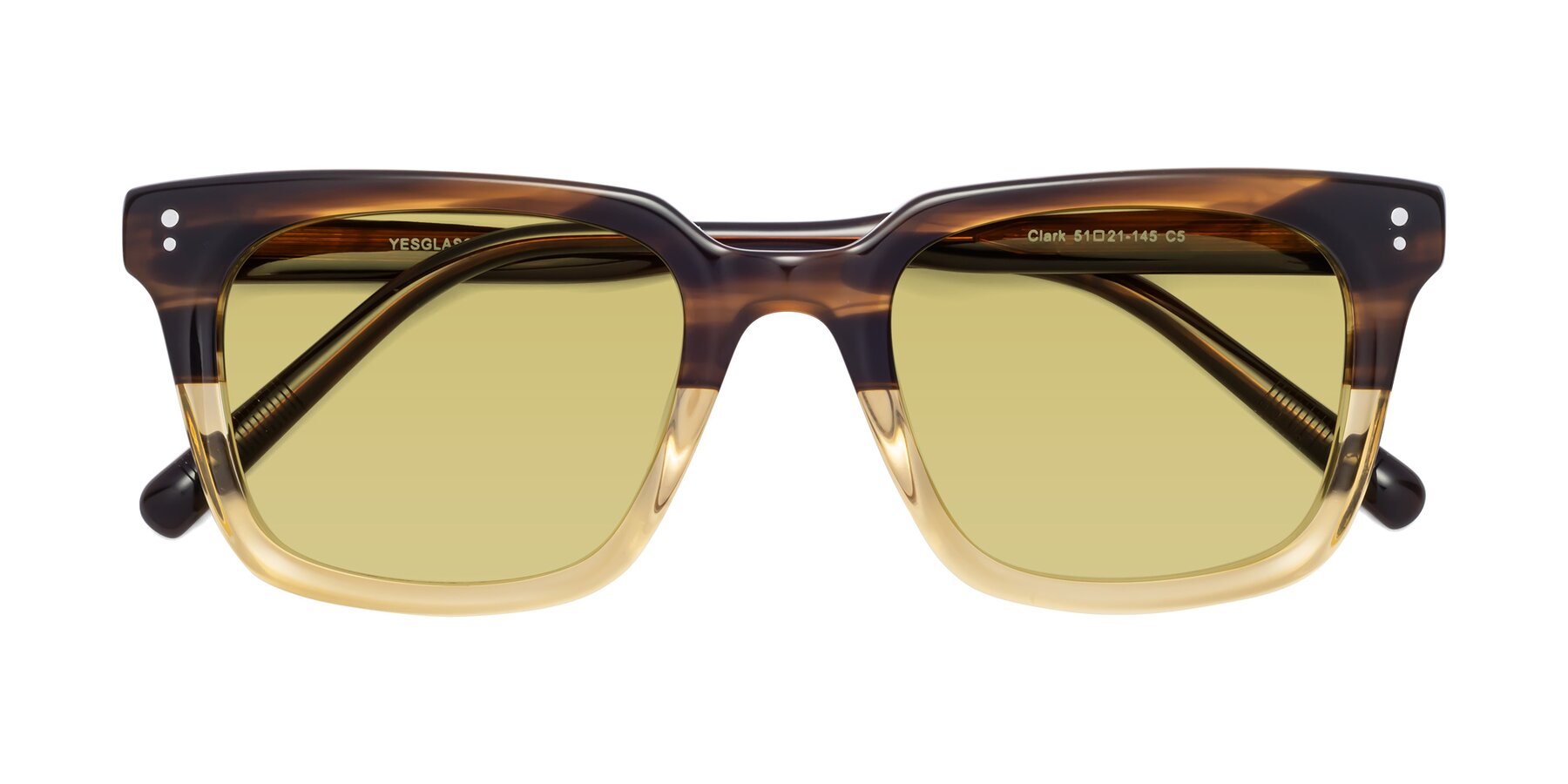 Folded Front of Clark in Brown-Oak with Medium Champagne Tinted Lenses