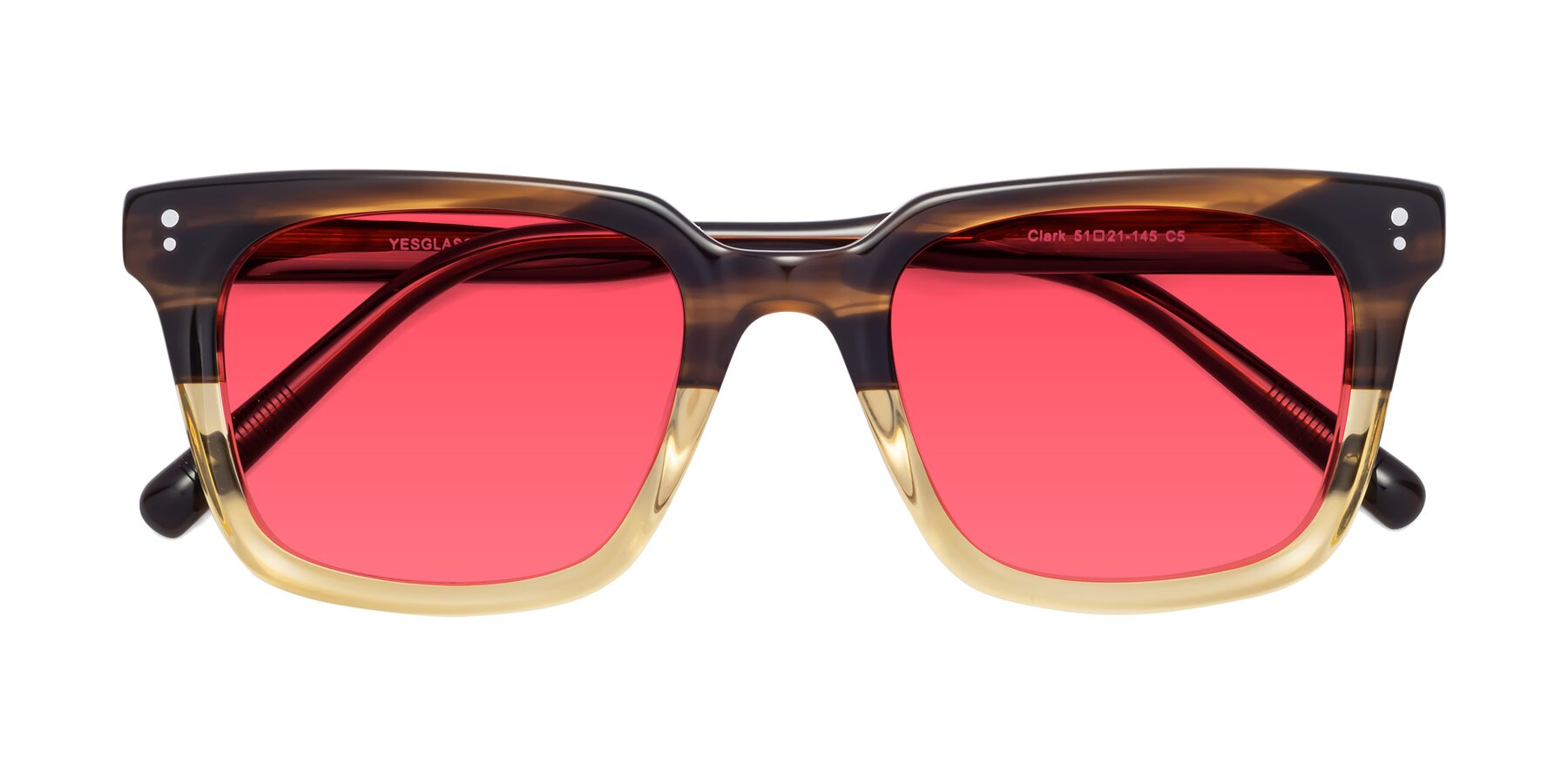 Folded Front of Clark in Brown-Oak with Red Tinted Lenses