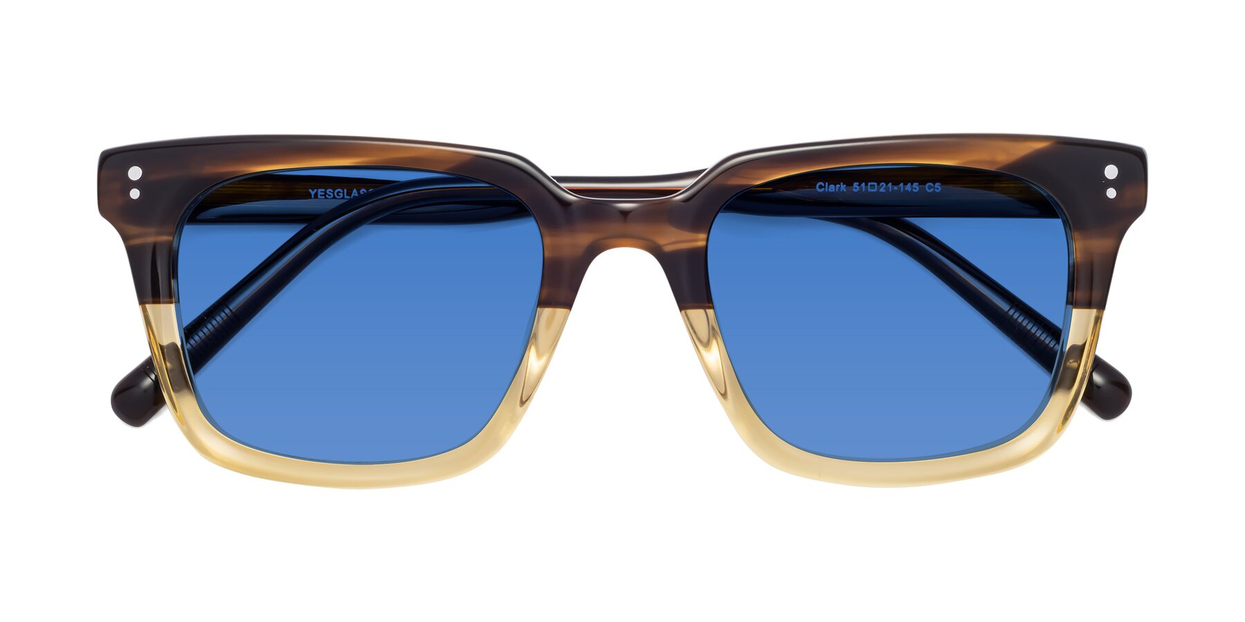 Folded Front of Clark in Brown-Oak with Blue Tinted Lenses