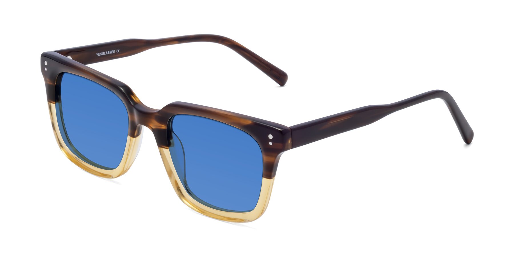 Angle of Clark in Brown-Oak with Blue Tinted Lenses