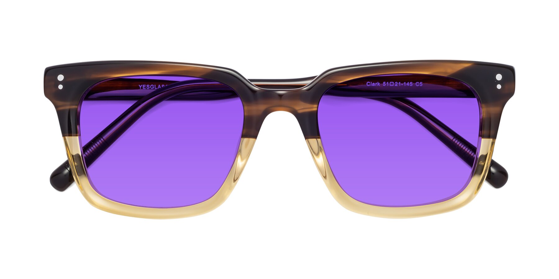 Folded Front of Clark in Brown-Oak with Purple Tinted Lenses