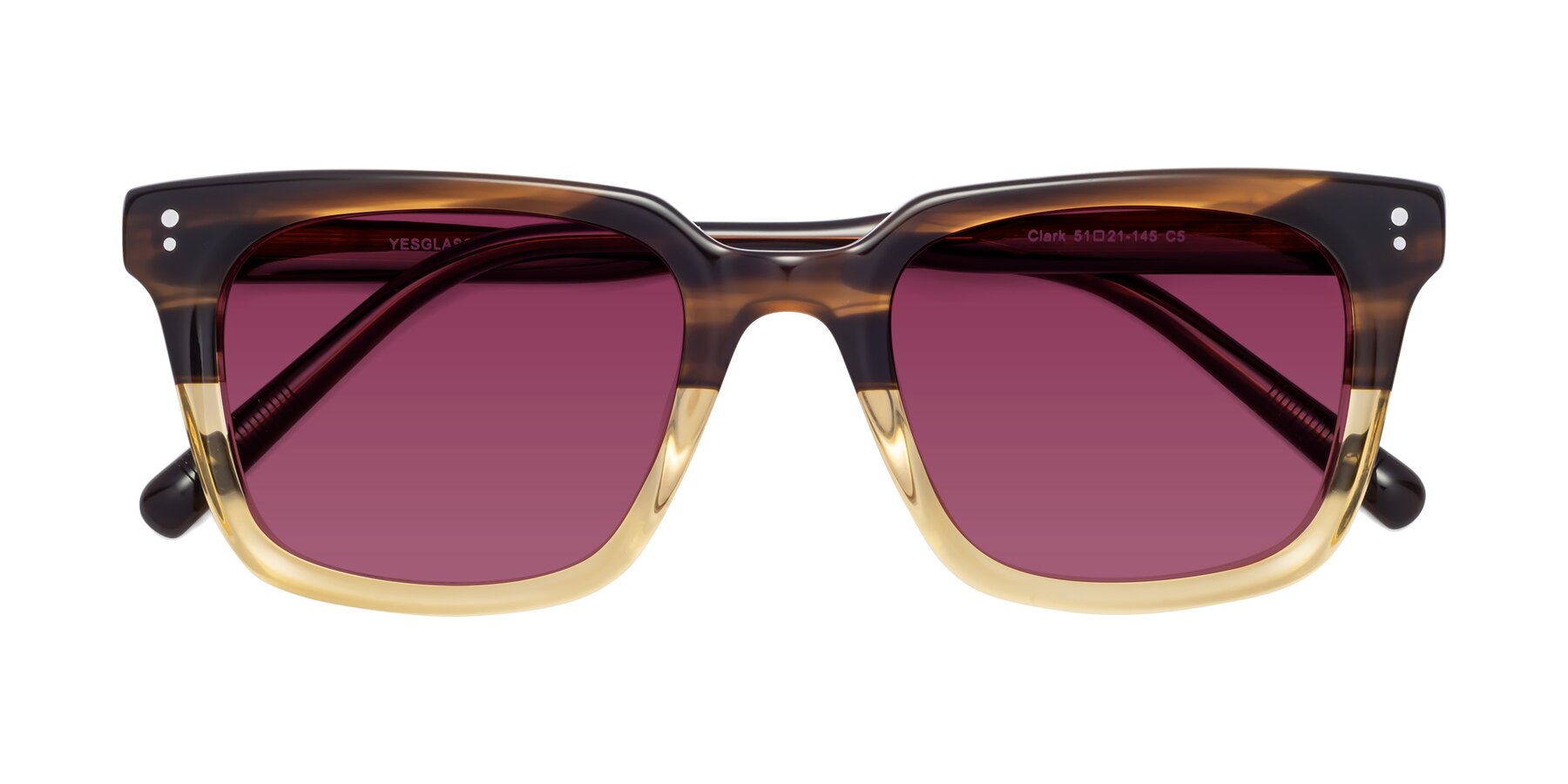 Folded Front of Clark in Brown-Oak with Wine Tinted Lenses