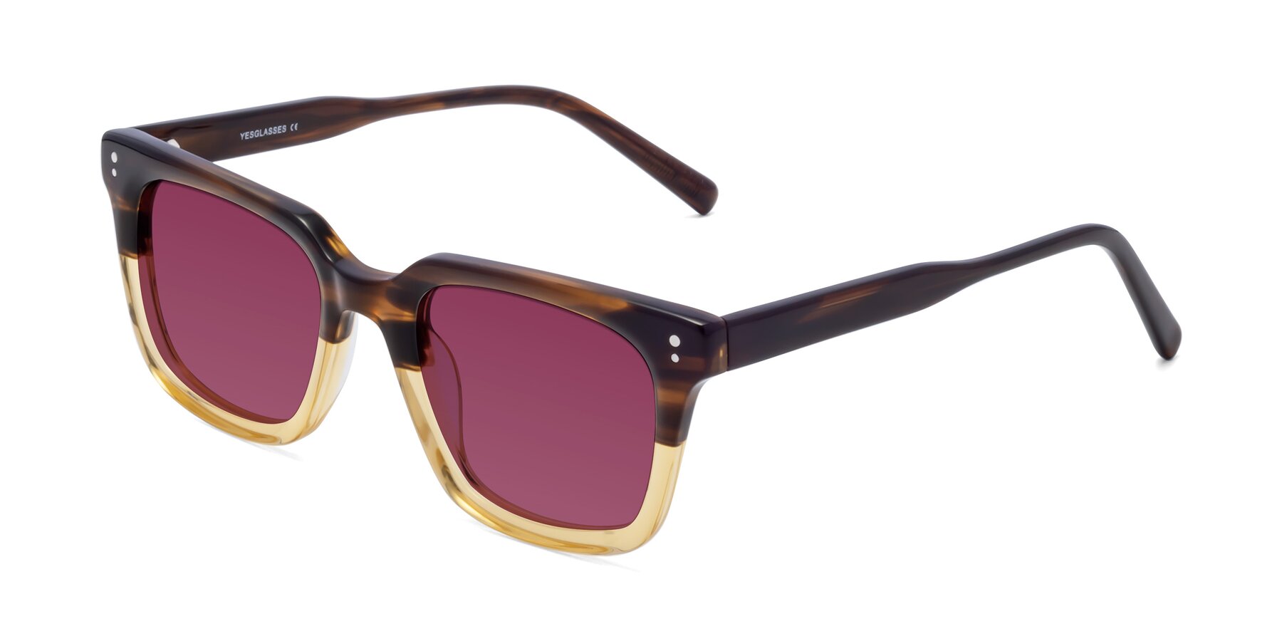 Angle of Clark in Brown-Oak with Wine Tinted Lenses