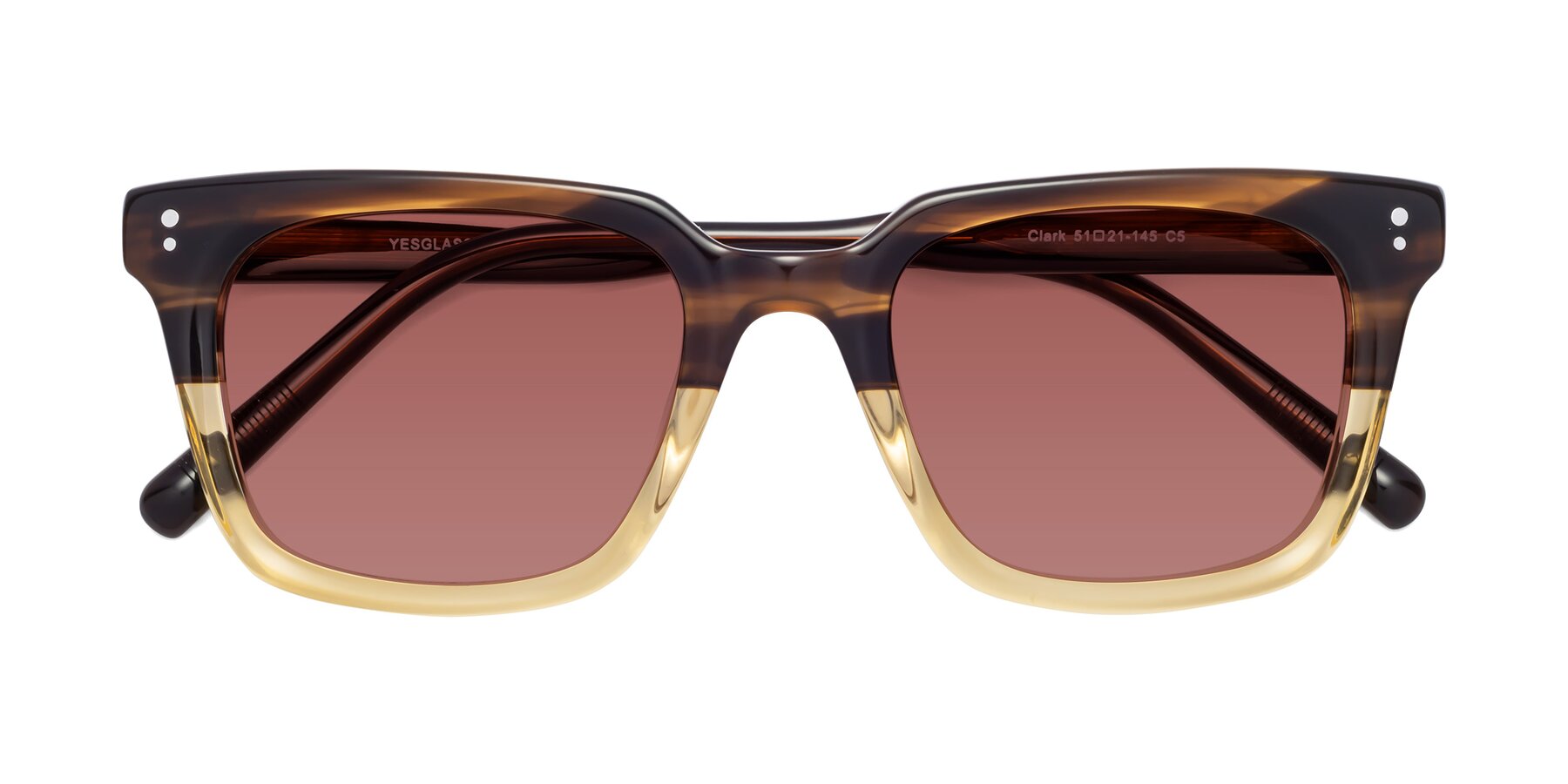 Folded Front of Clark in Brown-Oak with Garnet Tinted Lenses