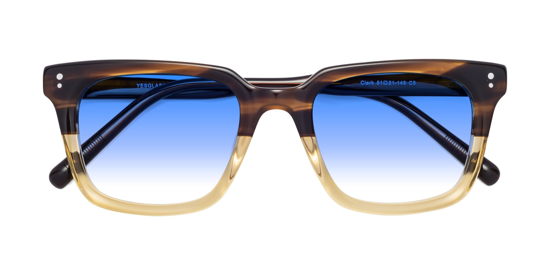 Folded Front of Clark in Brown-Oak with Blue Gradient Lenses