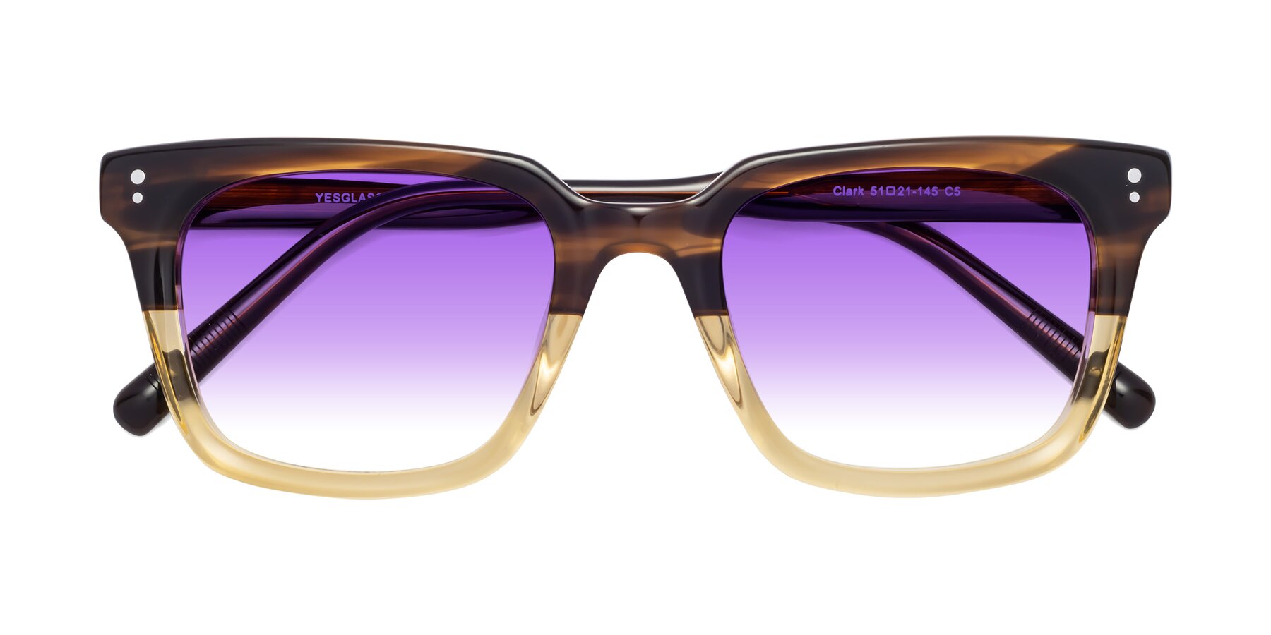 Folded Front of Clark in Brown-Oak with Purple Gradient Lenses