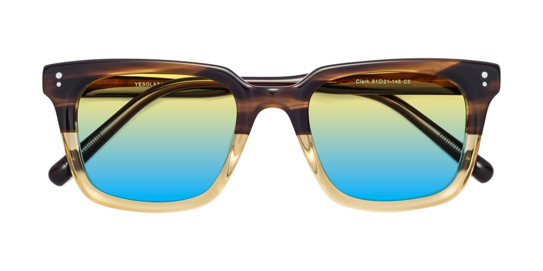 Folded Front of Clark in Brown-Oak with Yellow / Blue Gradient Lenses