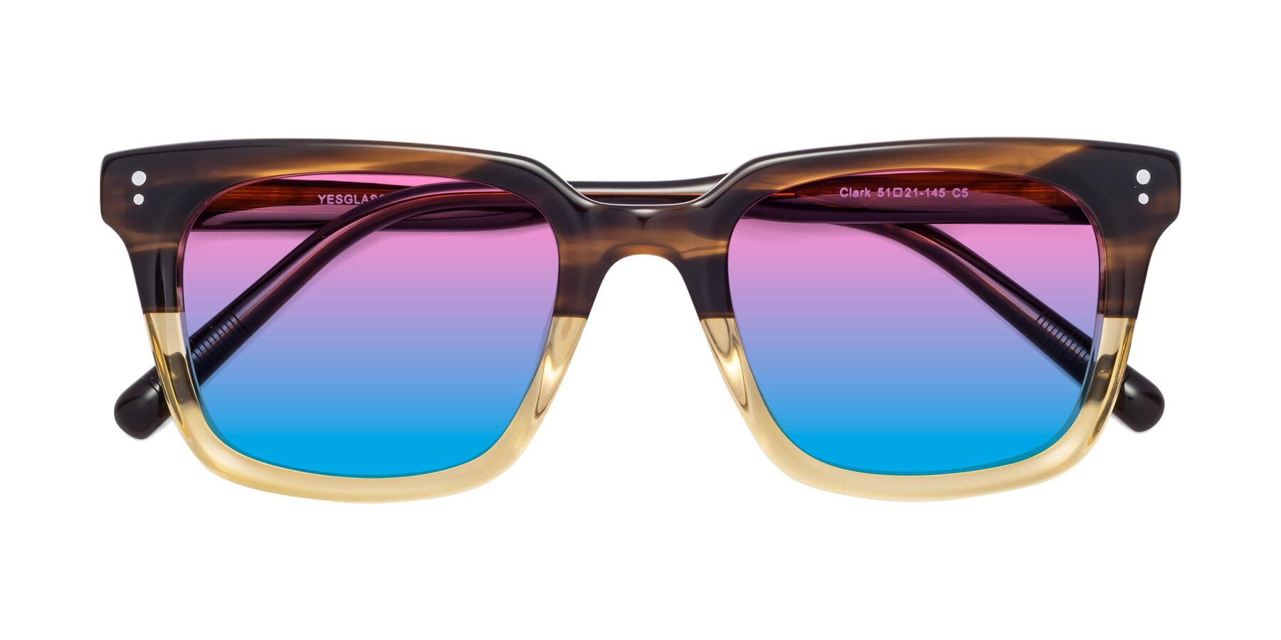 Folded Front of Clark in Brown-Oak with Pink / Blue Gradient Lenses