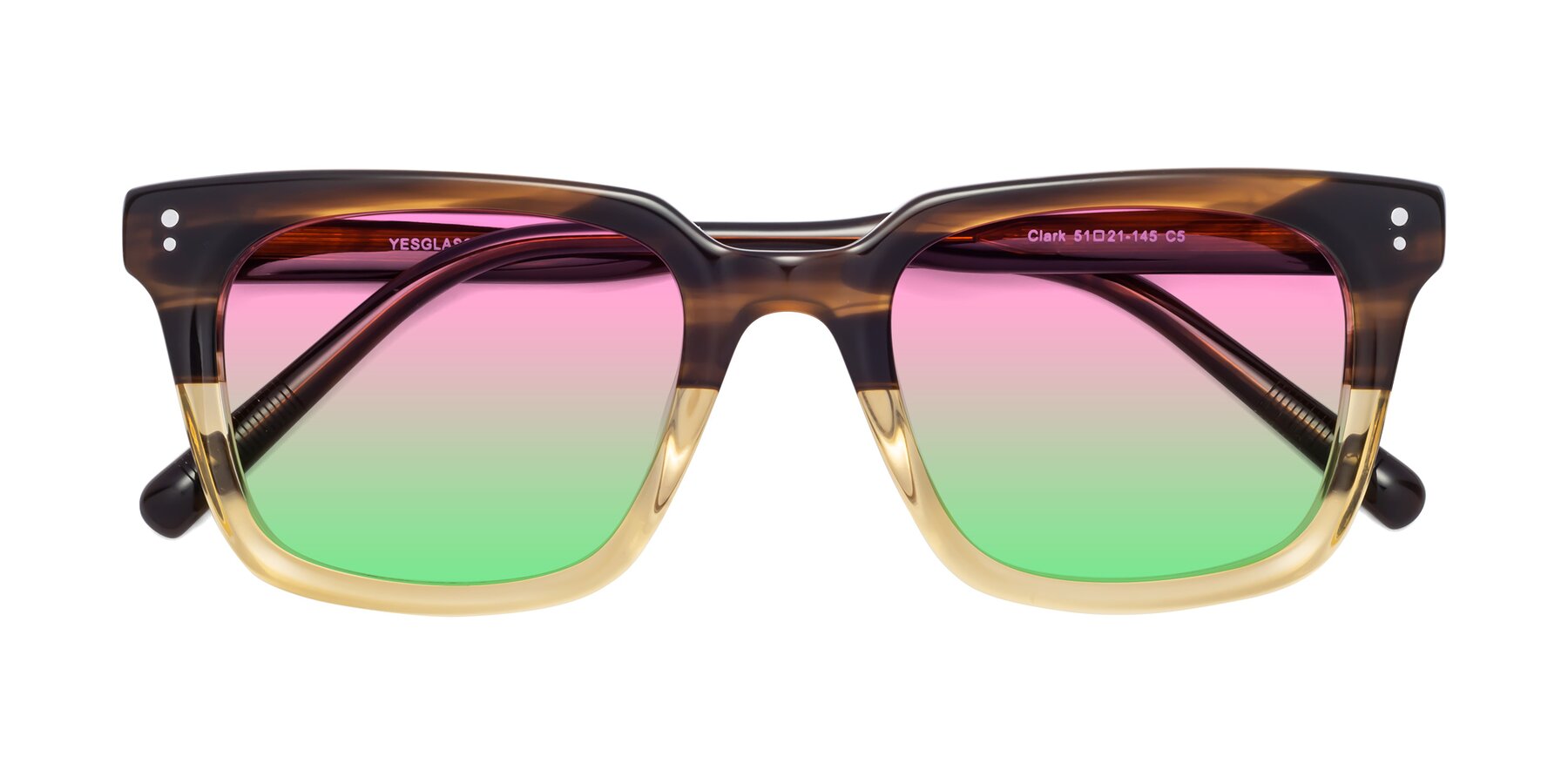 Folded Front of Clark in Brown-Oak with Pink / Green Gradient Lenses