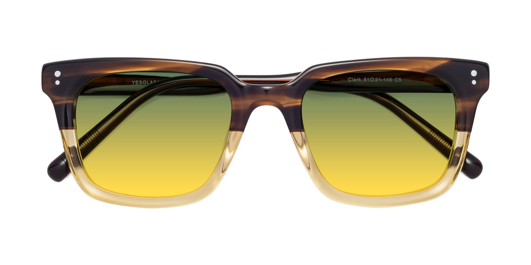 Folded Front of Clark in Brown-Oak with Green / Yellow Gradient Lenses