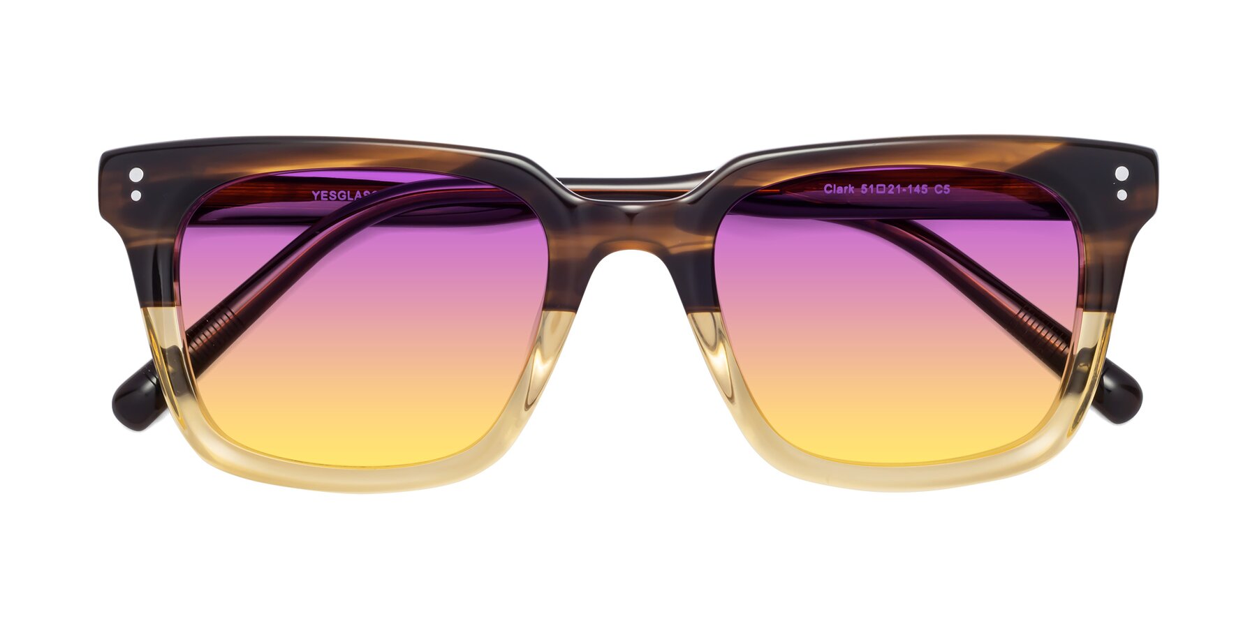 Folded Front of Clark in Brown-Oak with Purple / Yellow Gradient Lenses