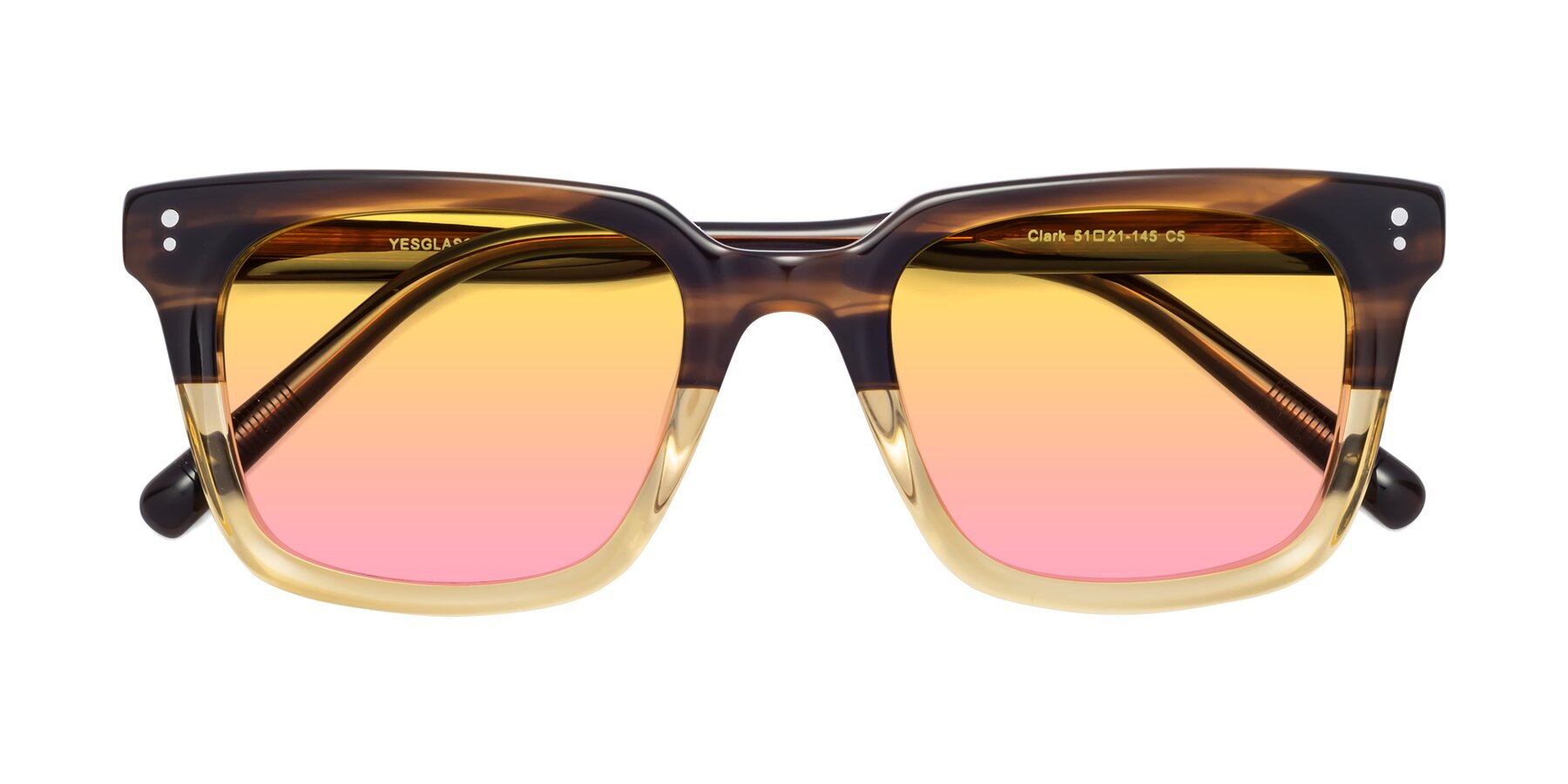 Folded Front of Clark in Brown-Oak with Yellow / Pink Gradient Lenses