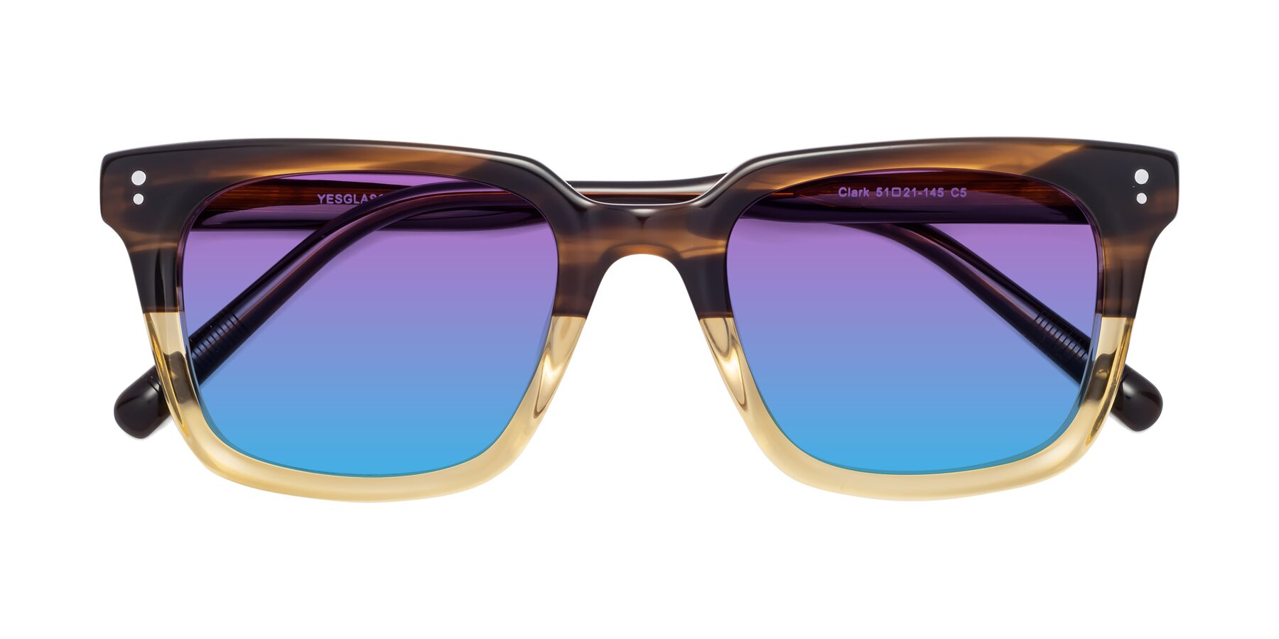 Folded Front of Clark in Brown-Oak with Purple / Blue Gradient Lenses
