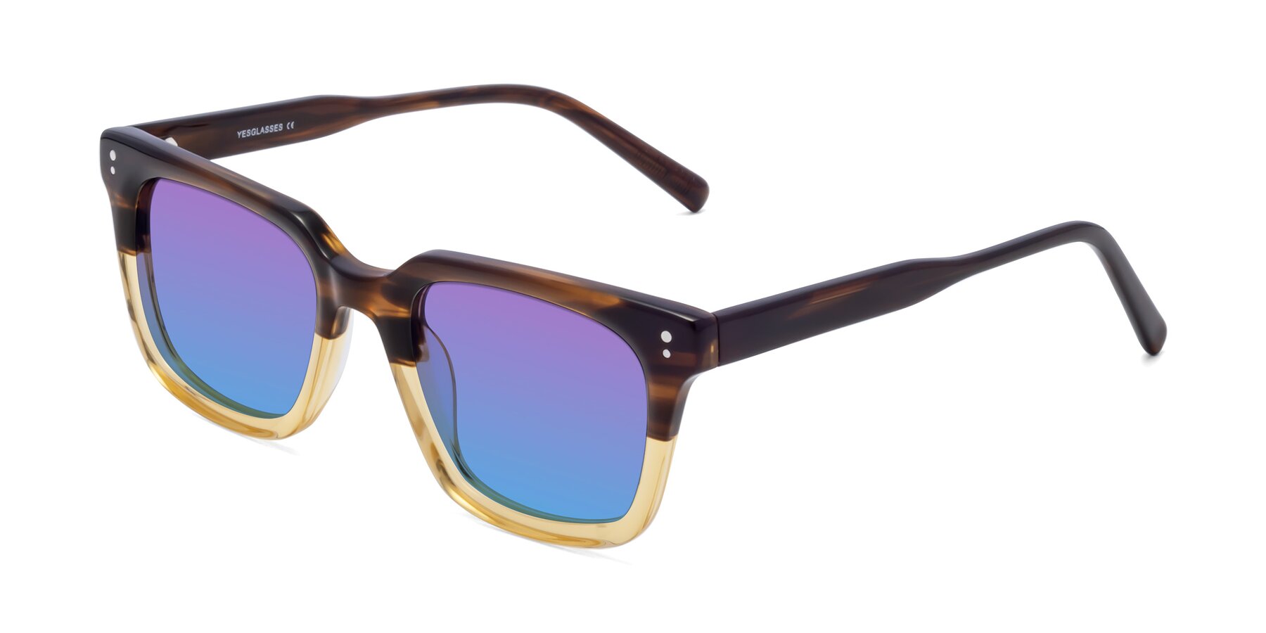 Angle of Clark in Brown-Oak with Purple / Blue Gradient Lenses