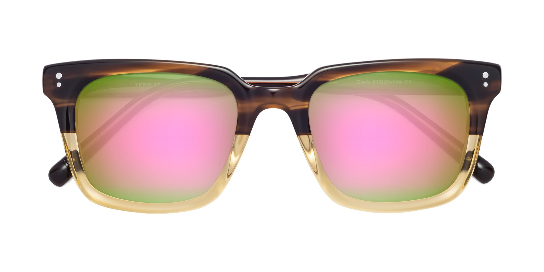 Folded Front of Clark in Brown-Oak with Pink Mirrored Lenses
