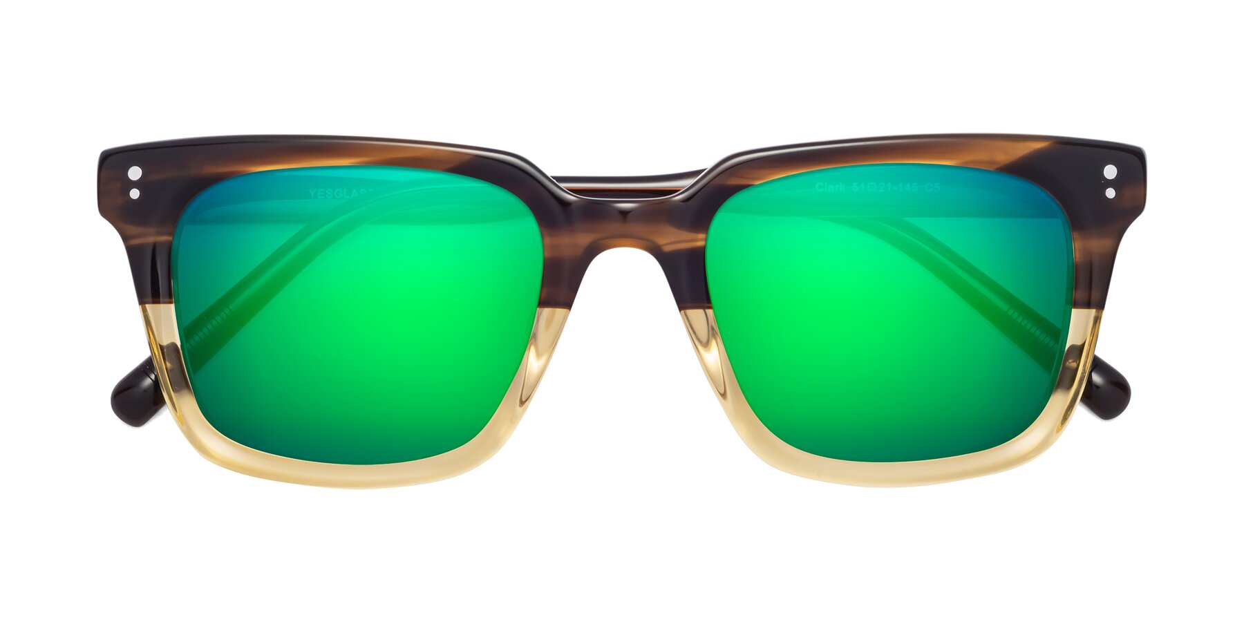 Folded Front of Clark in Brown-Oak with Green Mirrored Lenses