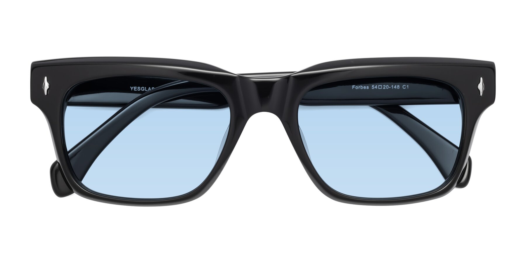 Folded Front of Forbes in Black with Light Blue Tinted Lenses