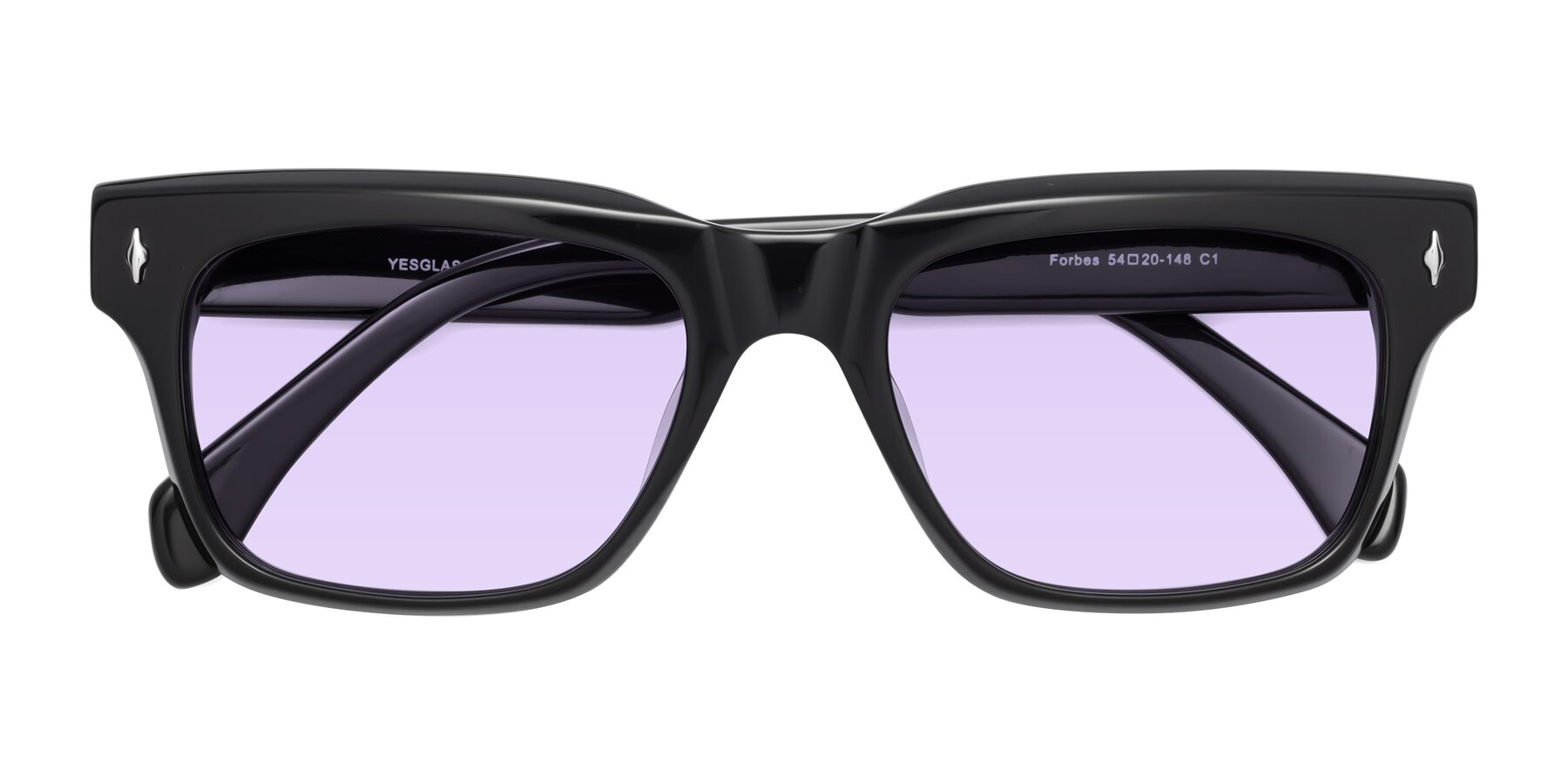 Folded Front of Forbes in Black with Light Purple Tinted Lenses