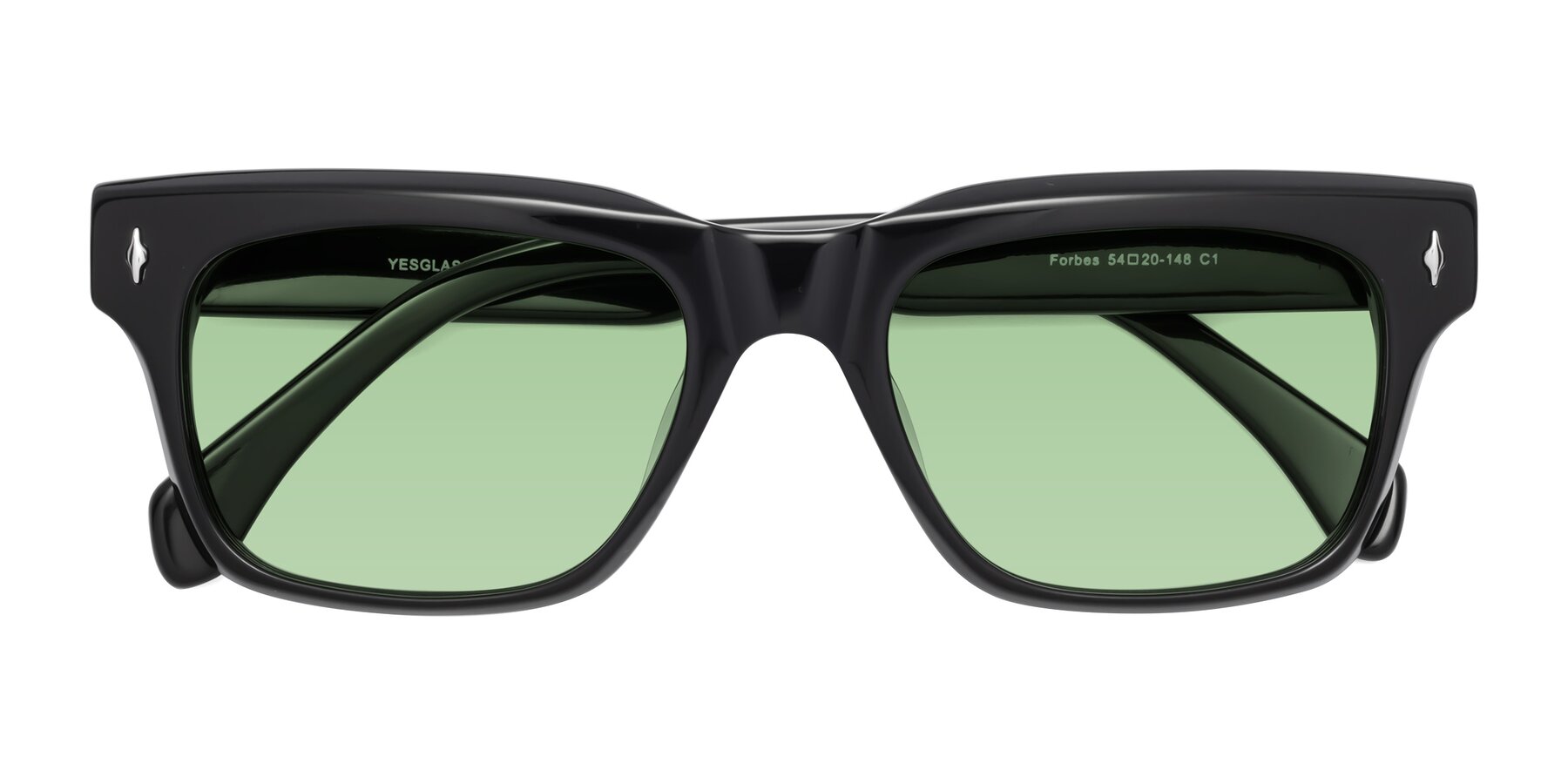 Folded Front of Forbes in Black with Medium Green Tinted Lenses