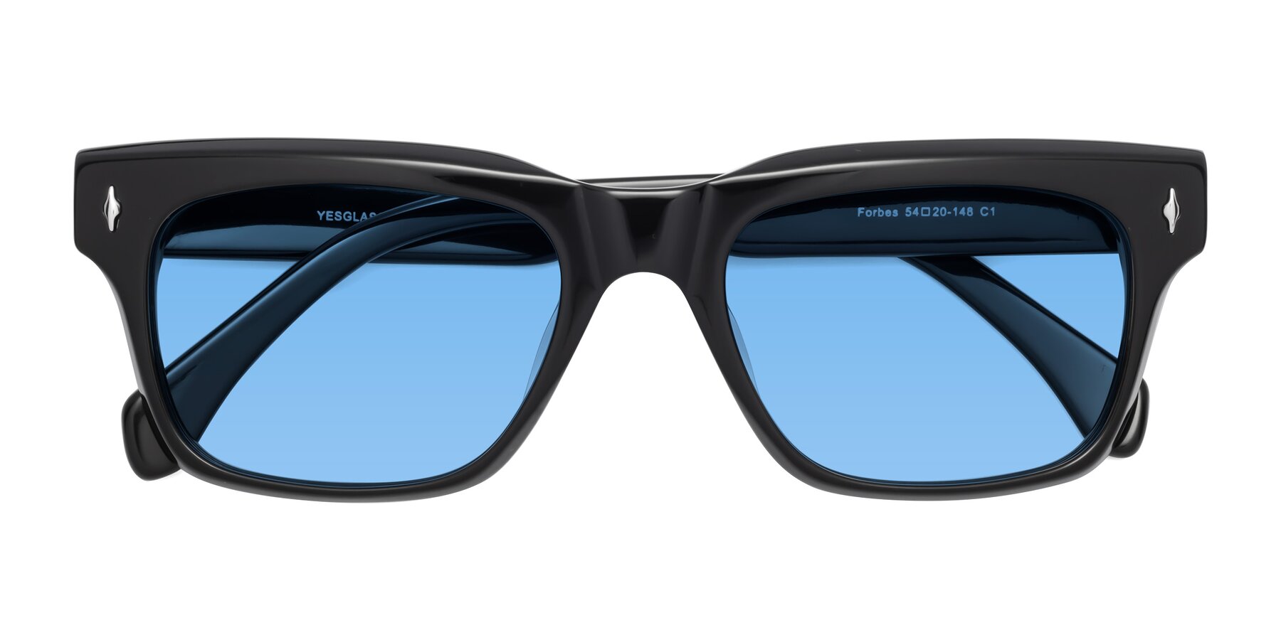 Folded Front of Forbes in Black with Medium Blue Tinted Lenses