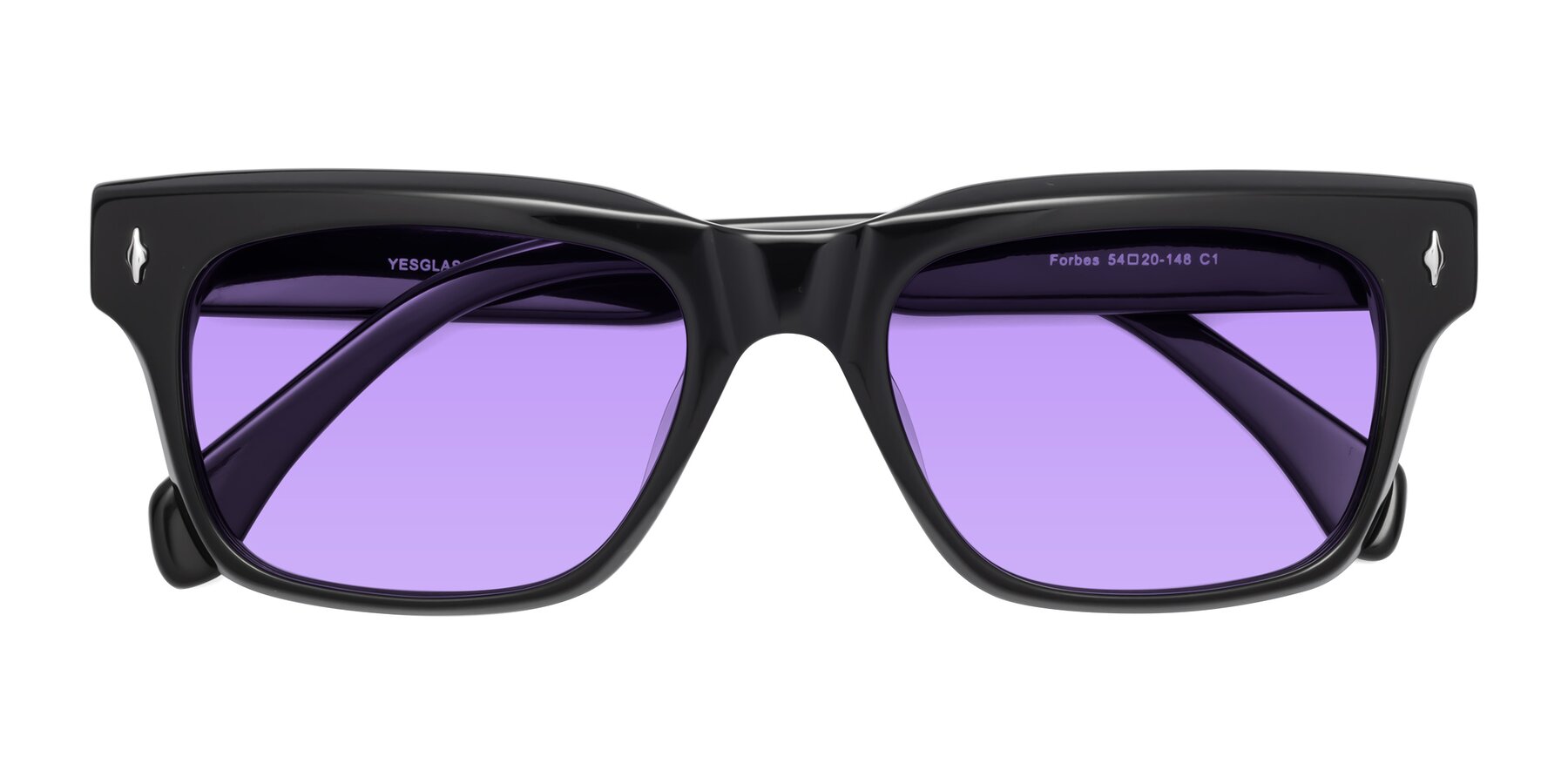 Folded Front of Forbes in Black with Medium Purple Tinted Lenses