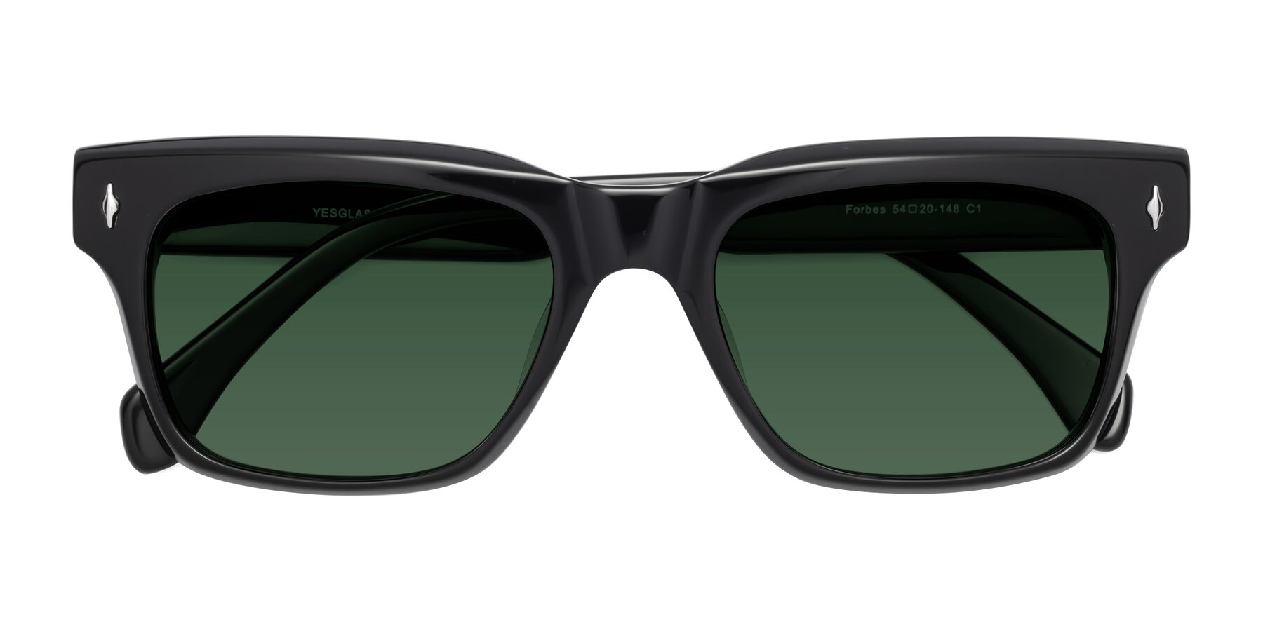 Folded Front of Forbes in Black with Green Tinted Lenses