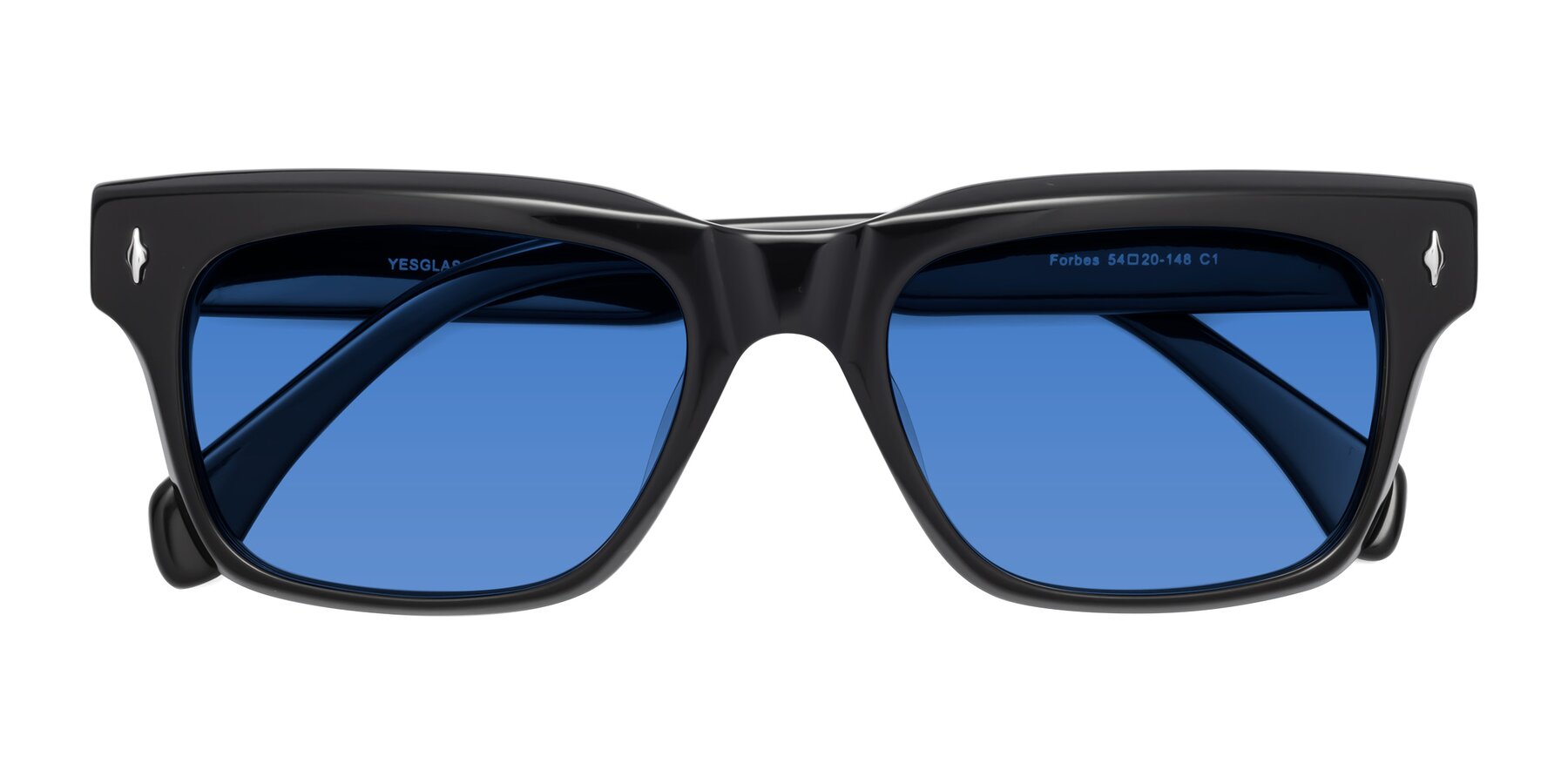 Folded Front of Forbes in Black with Blue Tinted Lenses