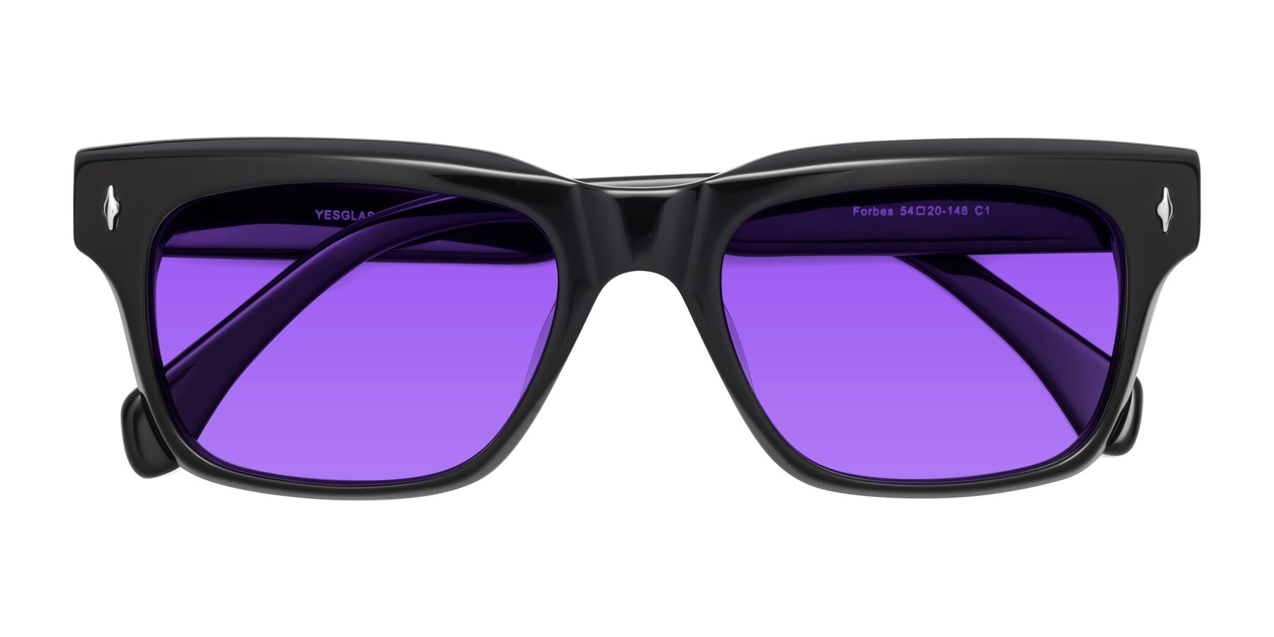 Folded Front of Forbes in Black with Purple Tinted Lenses