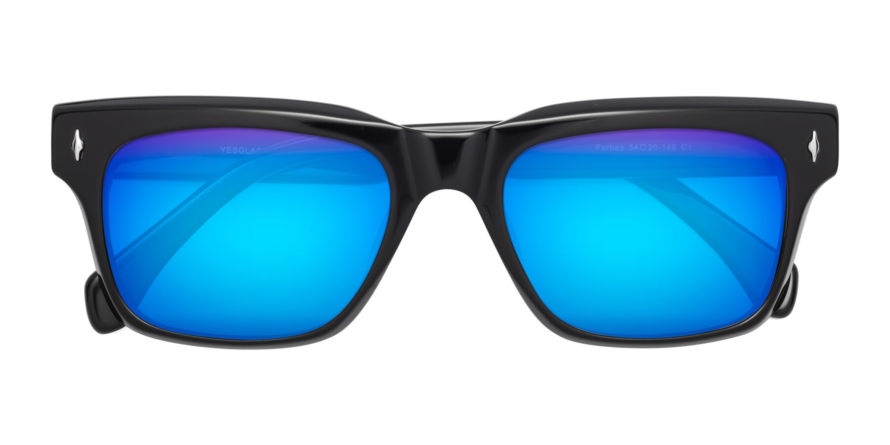 Folded Front of Forbes in Black with Blue Mirrored Lenses