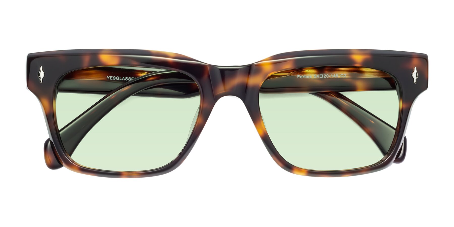 Folded Front of Forbes in Tortoise with Light Green Tinted Lenses
