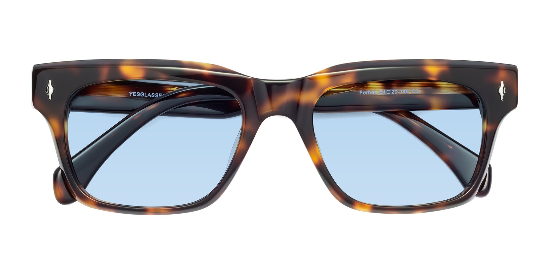 Folded Front of Forbes in Tortoise with Light Blue Tinted Lenses