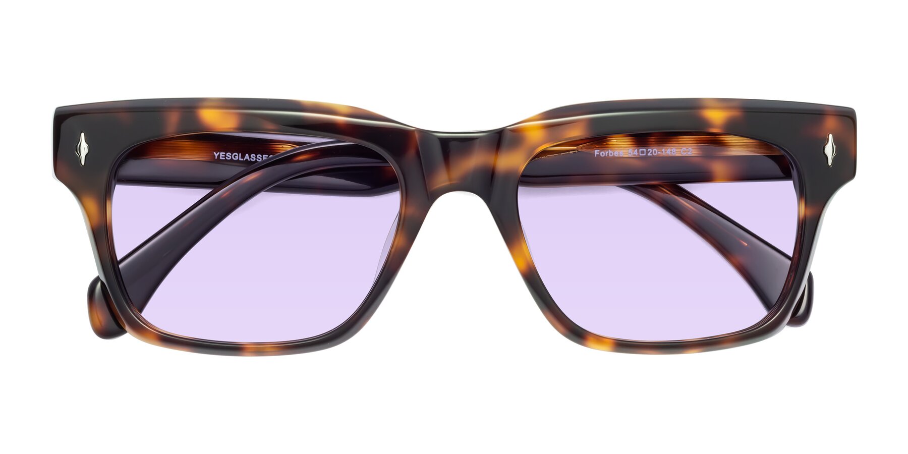 Folded Front of Forbes in Tortoise with Light Purple Tinted Lenses