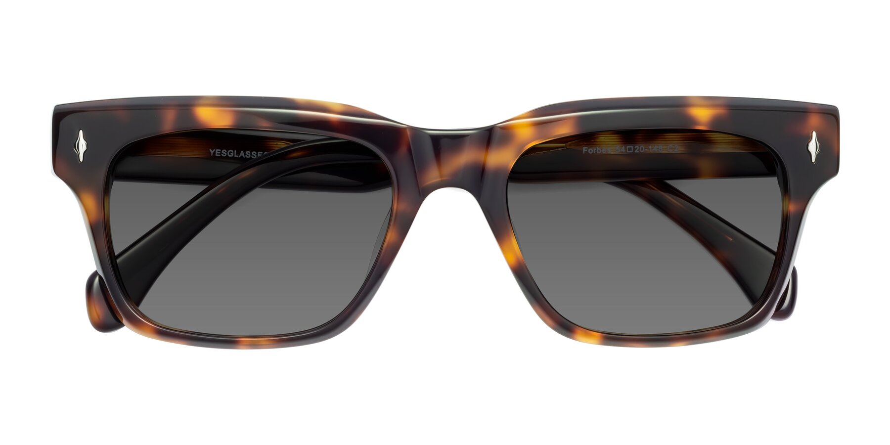 Folded Front of Forbes in Tortoise with Medium Gray Tinted Lenses