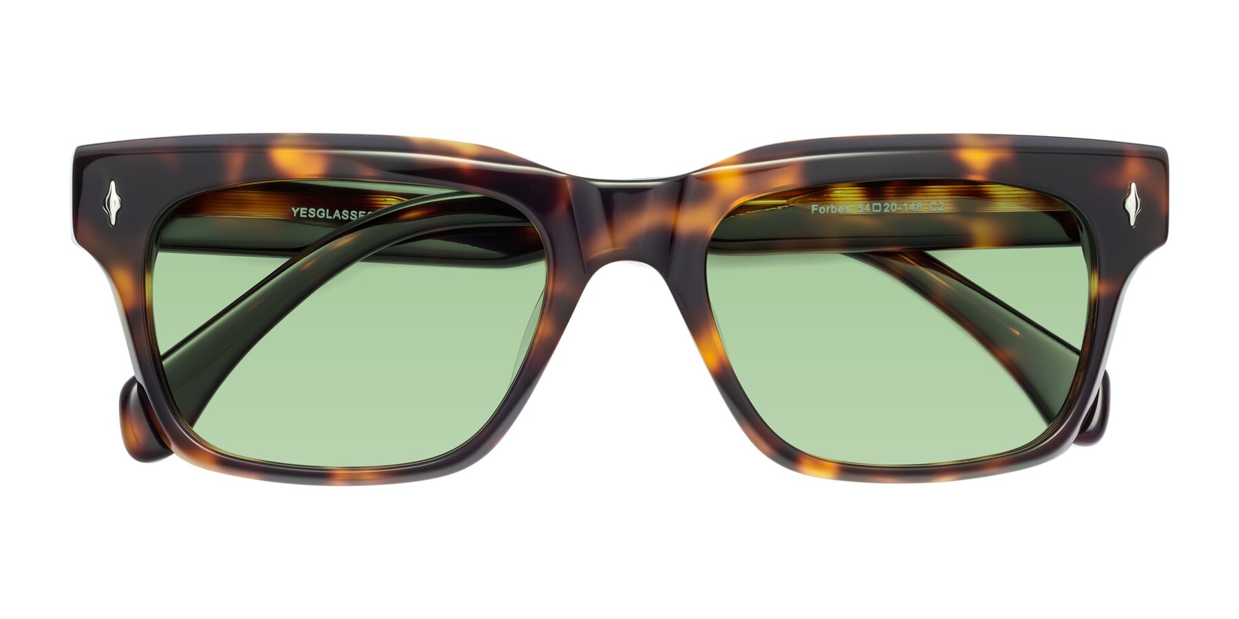 Folded Front of Forbes in Tortoise with Medium Green Tinted Lenses