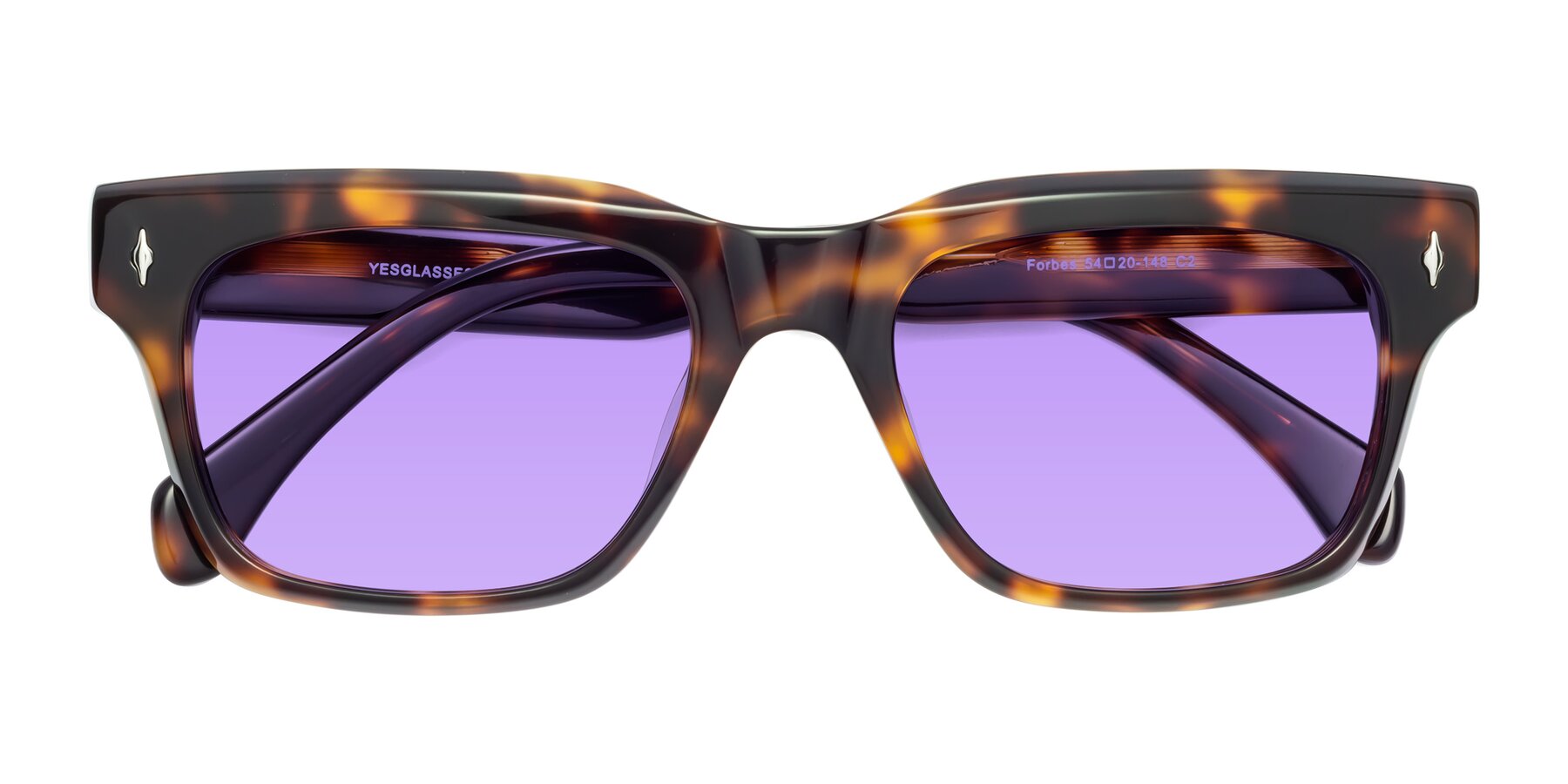 Folded Front of Forbes in Tortoise with Medium Purple Tinted Lenses