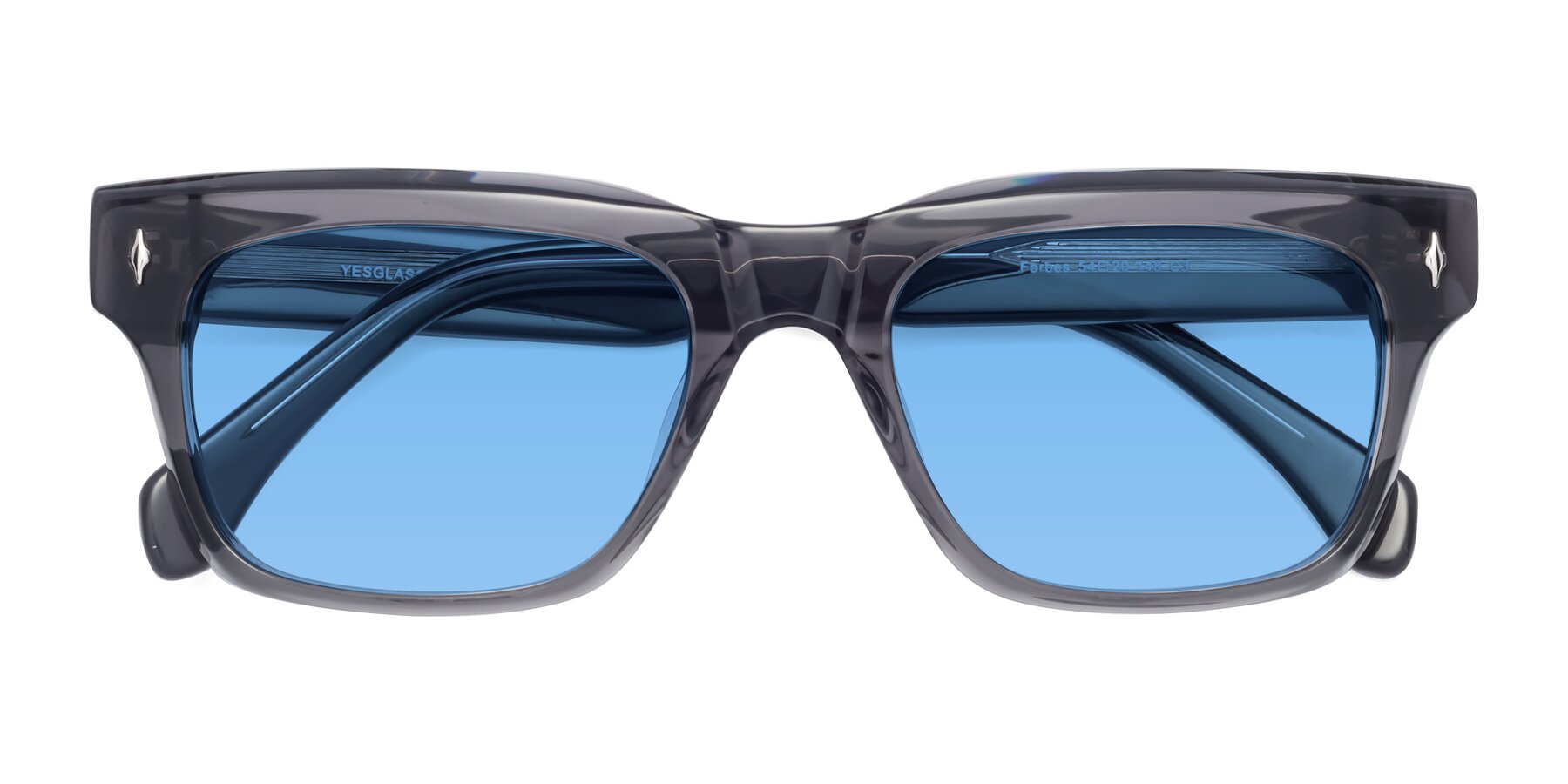 Folded Front of Forbes in Gray with Medium Blue Tinted Lenses