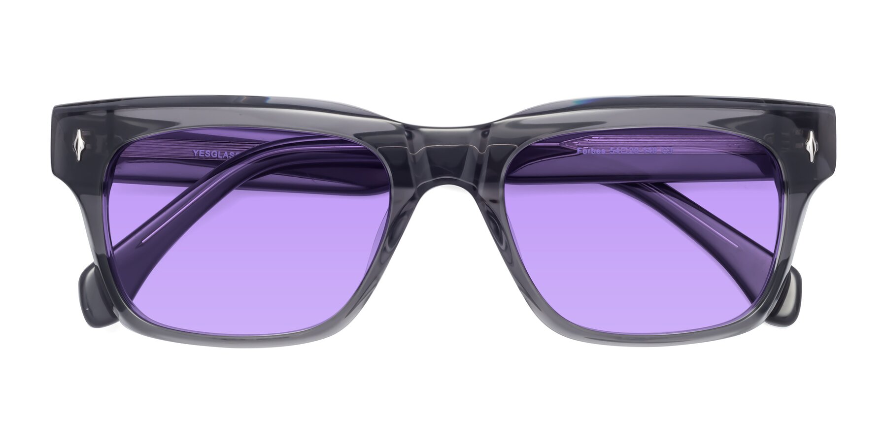 Folded Front of Forbes in Gray with Medium Purple Tinted Lenses