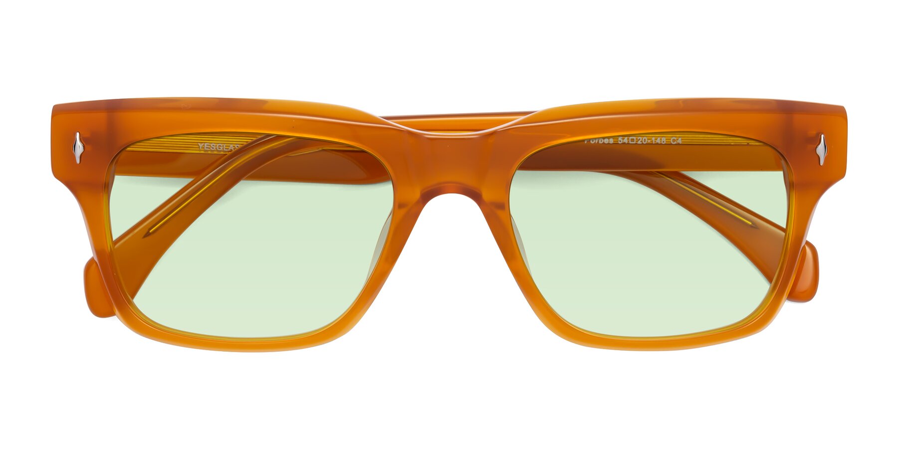 Folded Front of Forbes in Pumpkin with Light Green Tinted Lenses