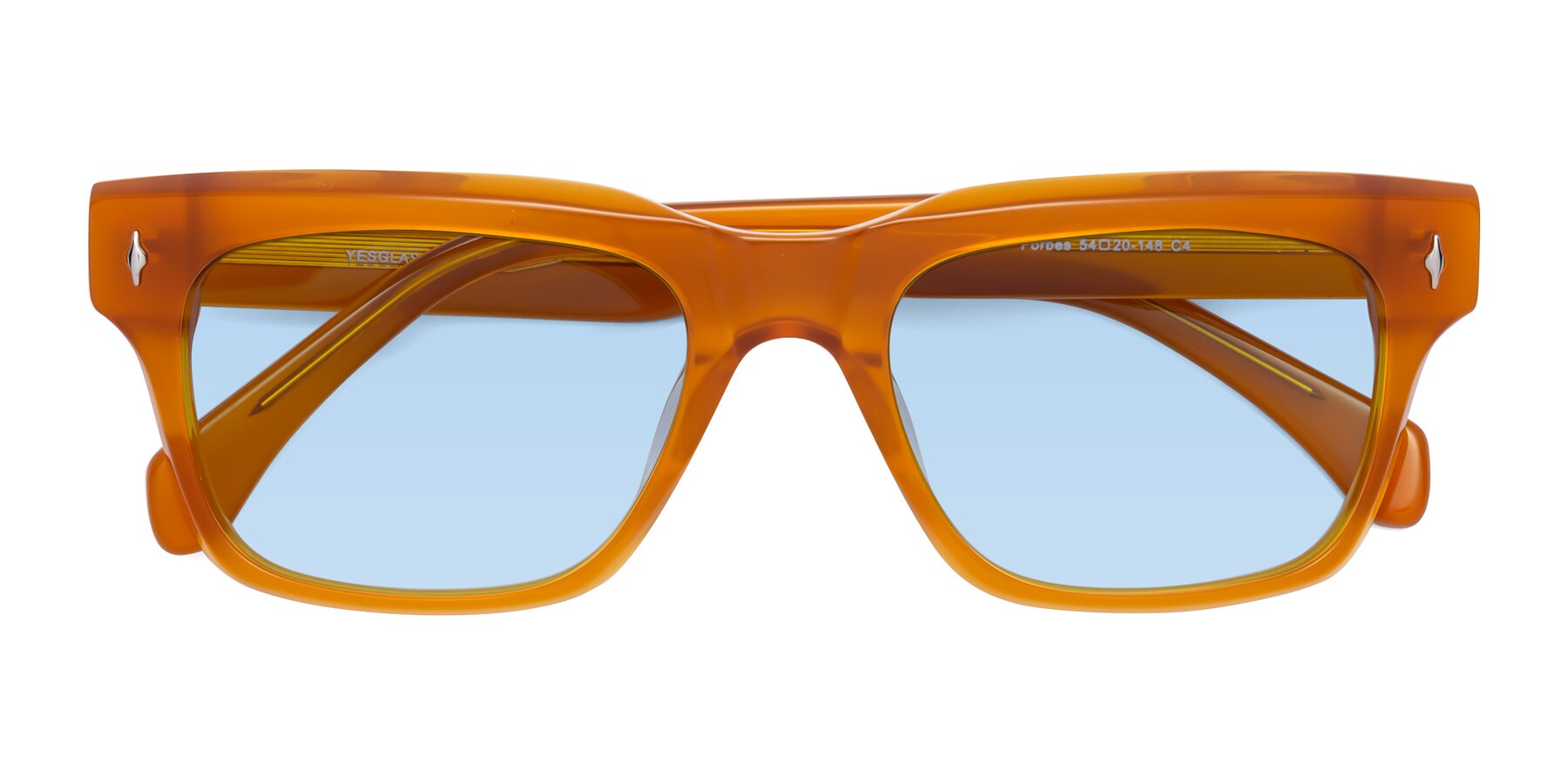 Folded Front of Forbes in Pumpkin with Light Blue Tinted Lenses