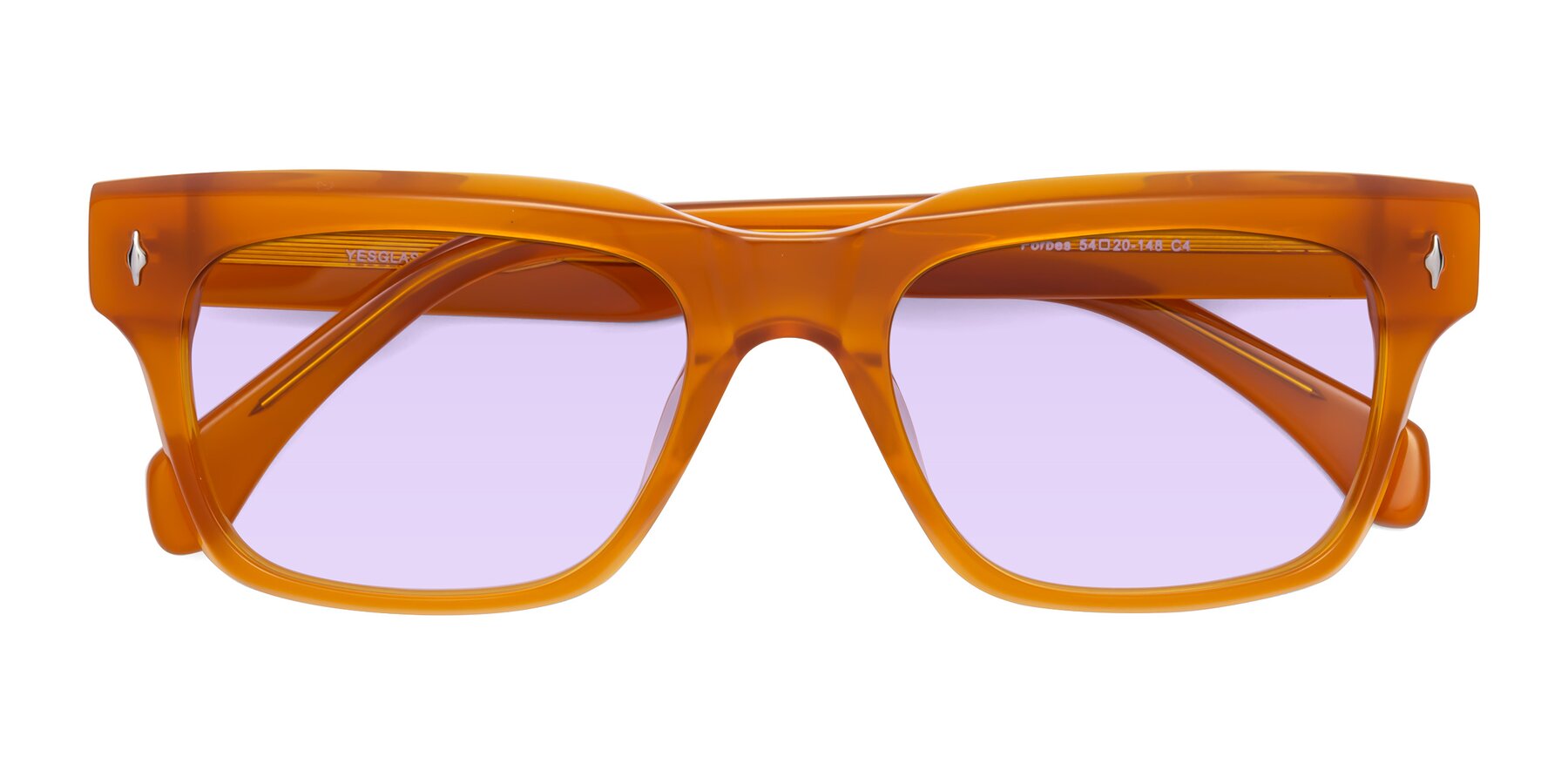 Folded Front of Forbes in Pumpkin with Light Purple Tinted Lenses