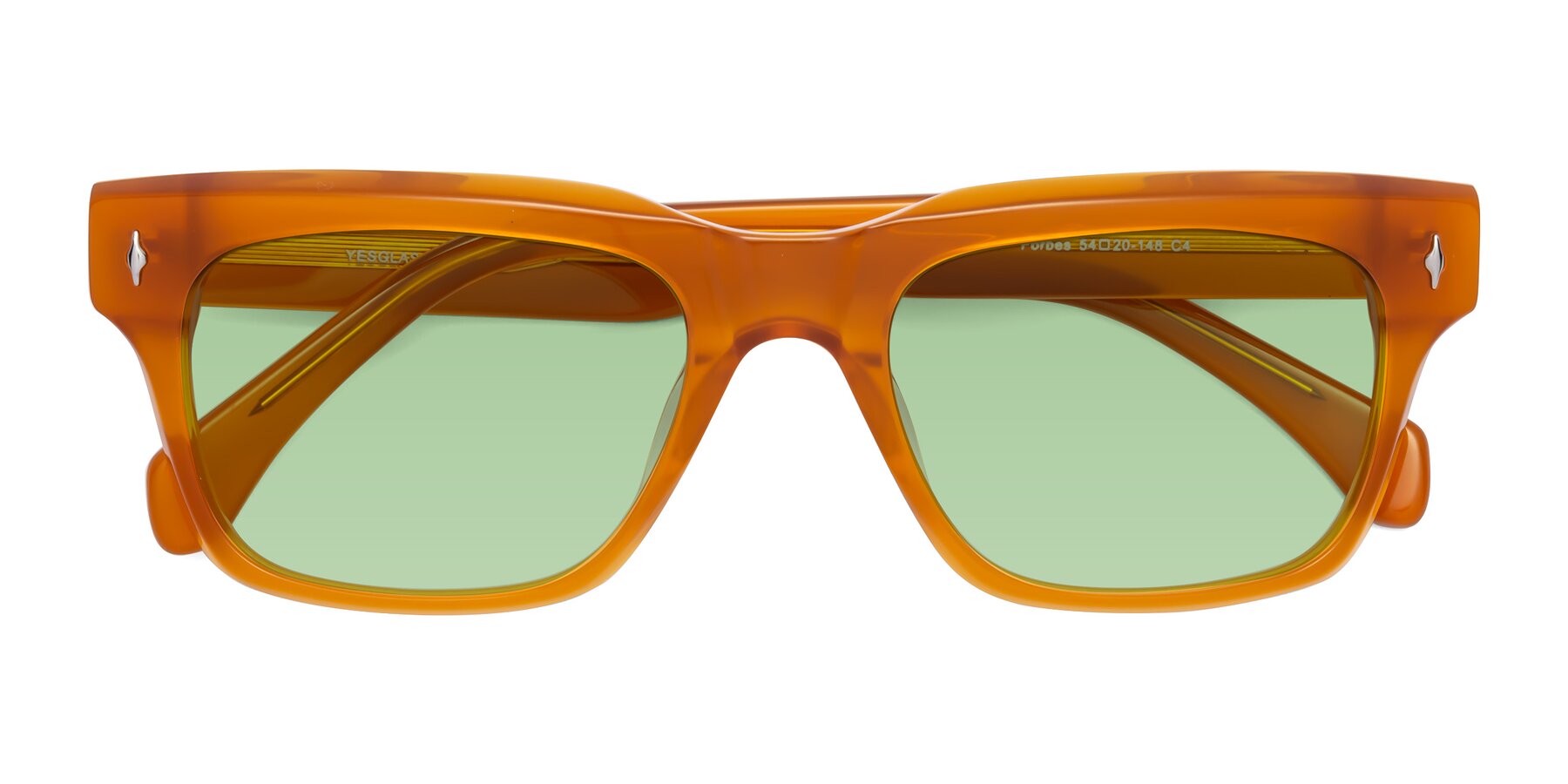 Folded Front of Forbes in Pumpkin with Medium Green Tinted Lenses