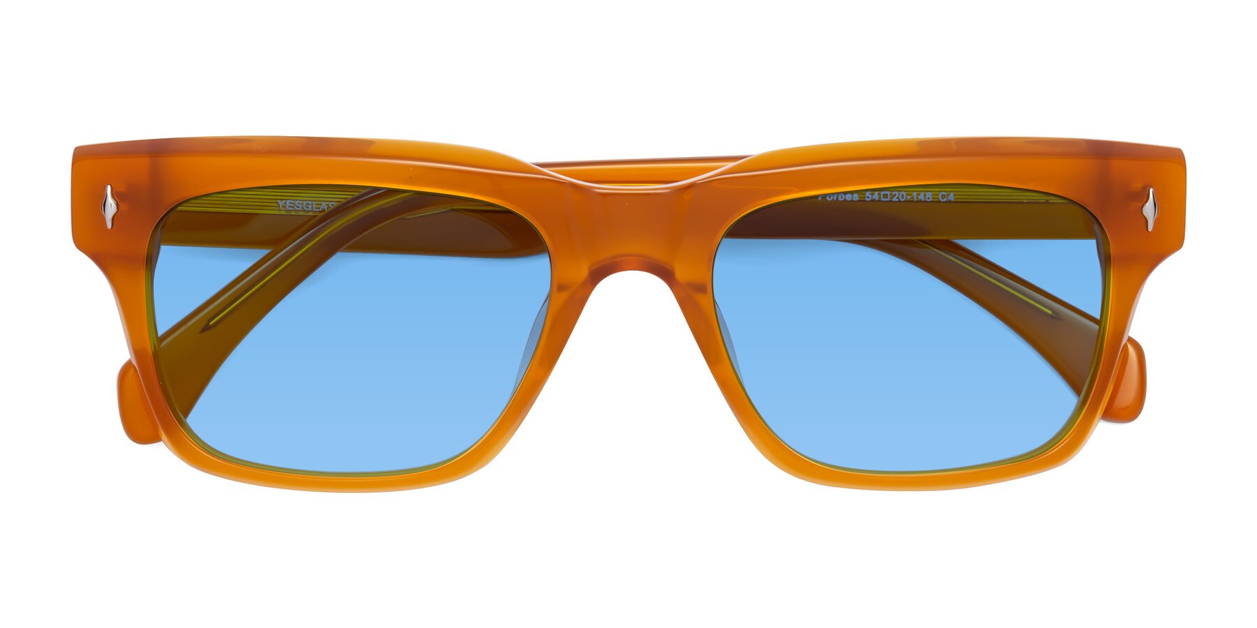Folded Front of Forbes in Pumpkin with Medium Blue Tinted Lenses