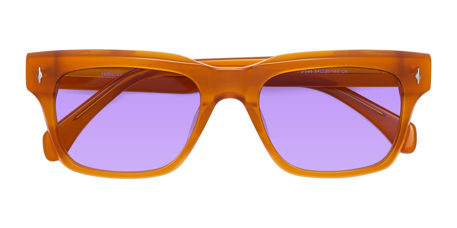Folded Front of Forbes in Pumpkin with Medium Purple Tinted Lenses